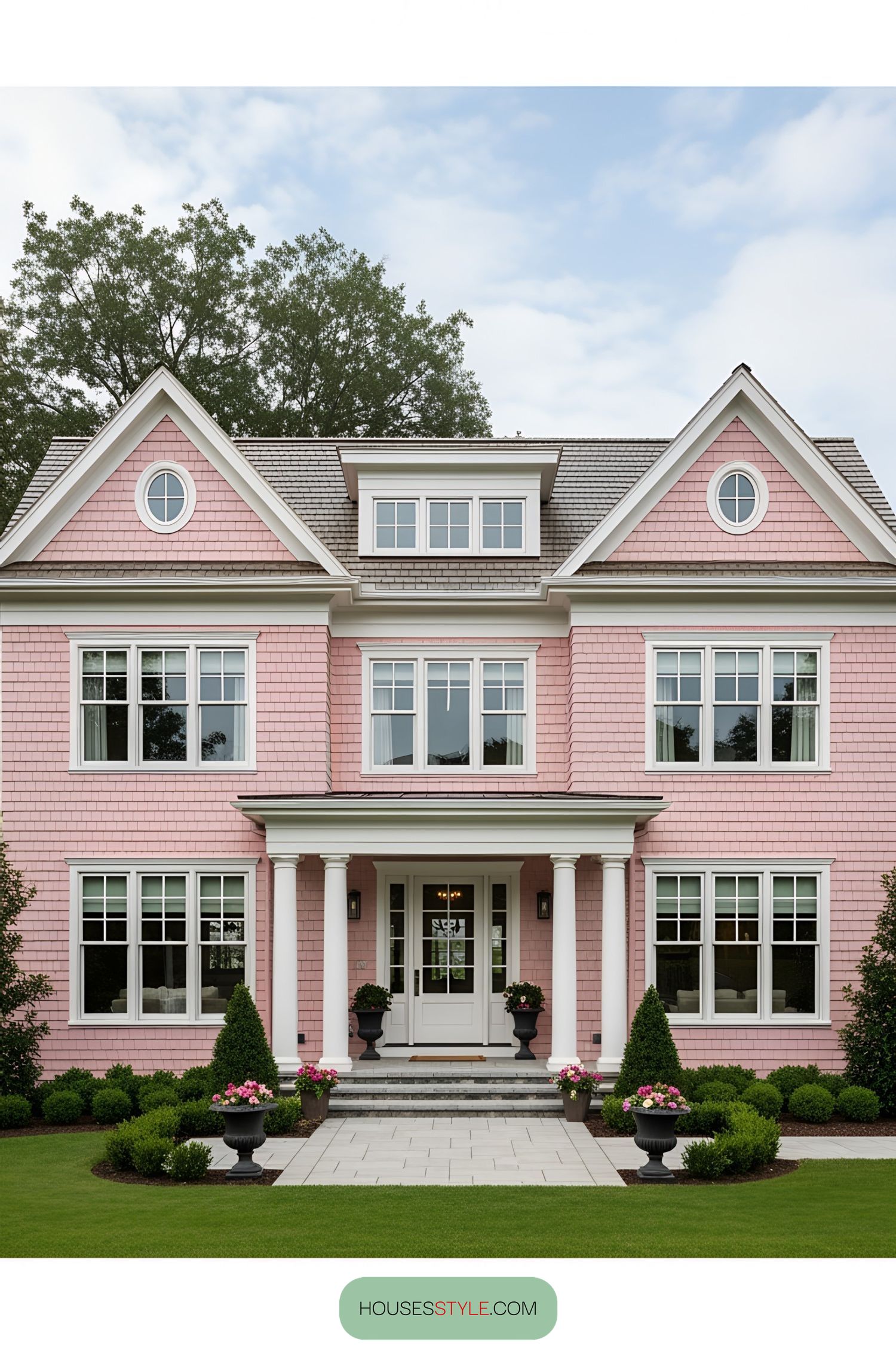 Pink Victorian house with white trim and lush greenery