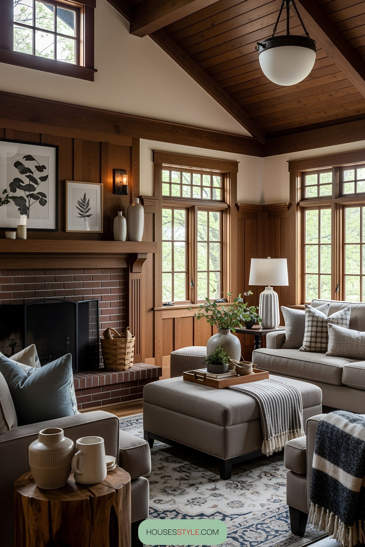 Living room with rustic wood accents and cozy furniture