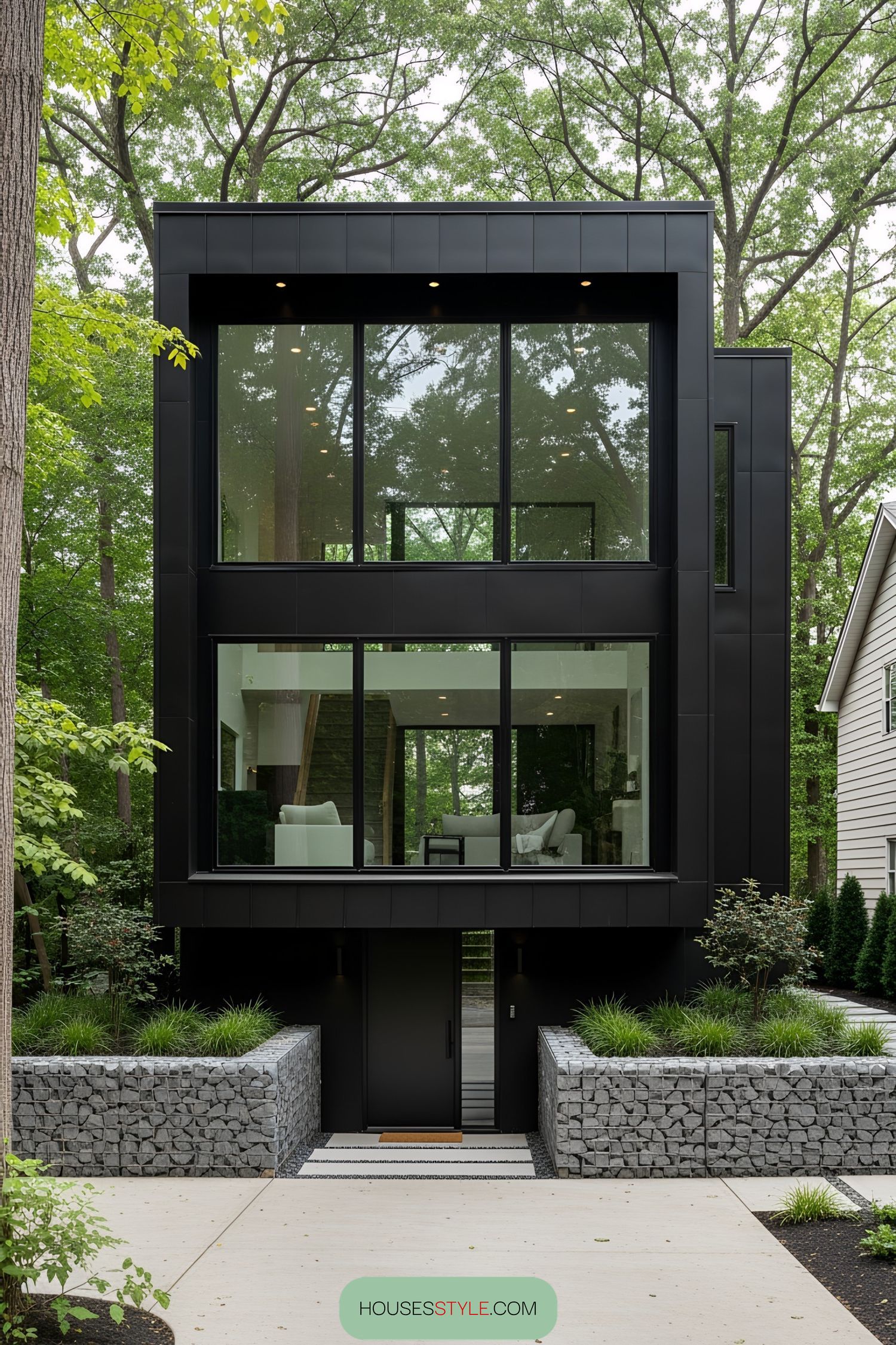 Modern black house with large windows surrounded by trees