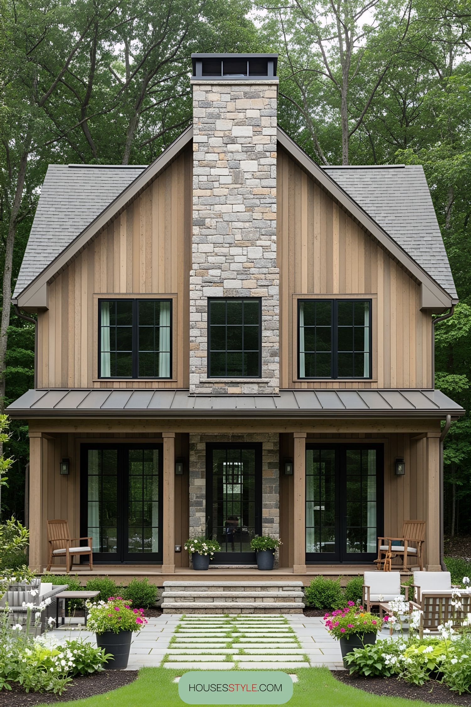 Rustic house with stone chimney and lush garden