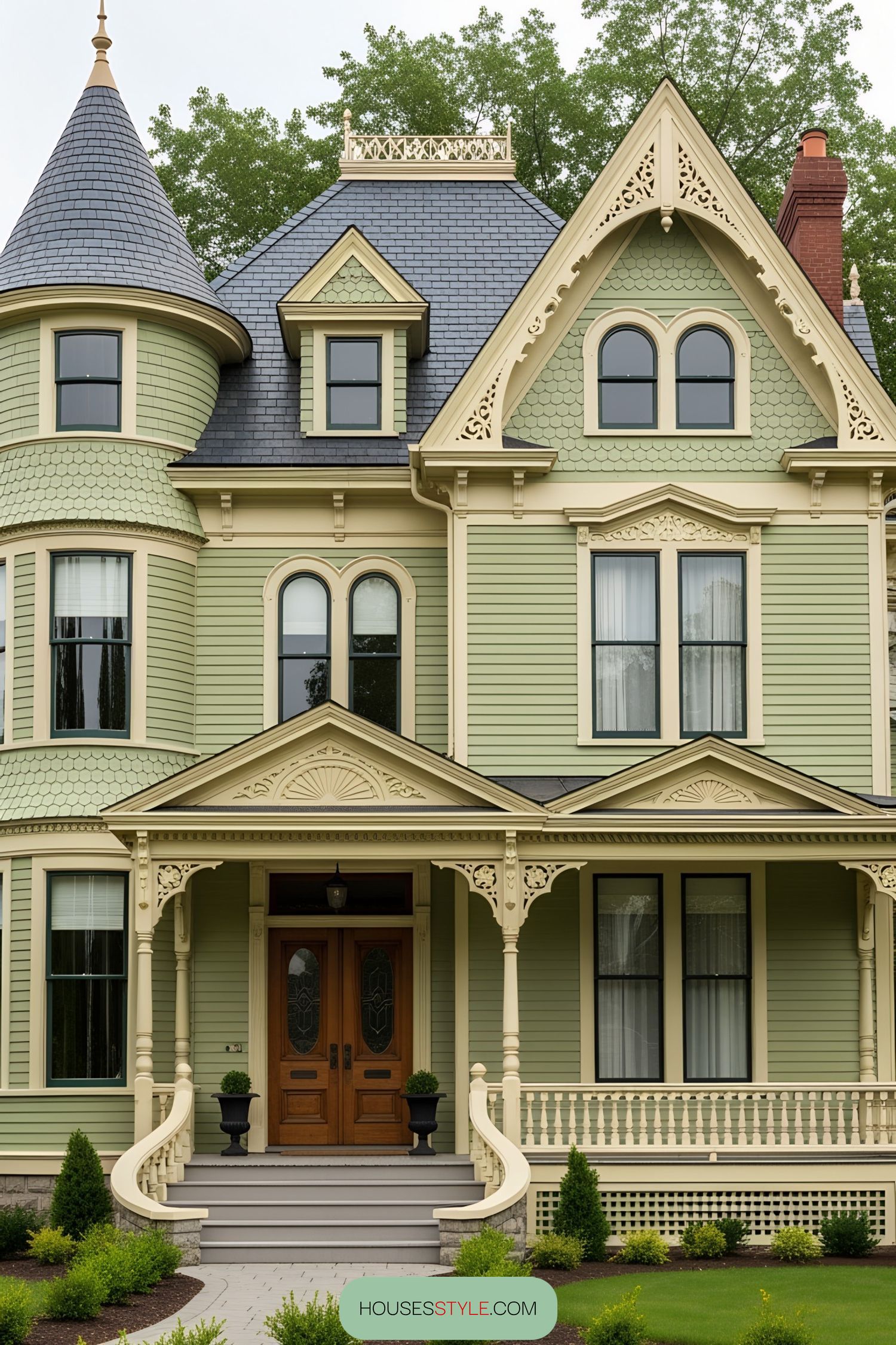 Victorian house with light green facade and intricate trim