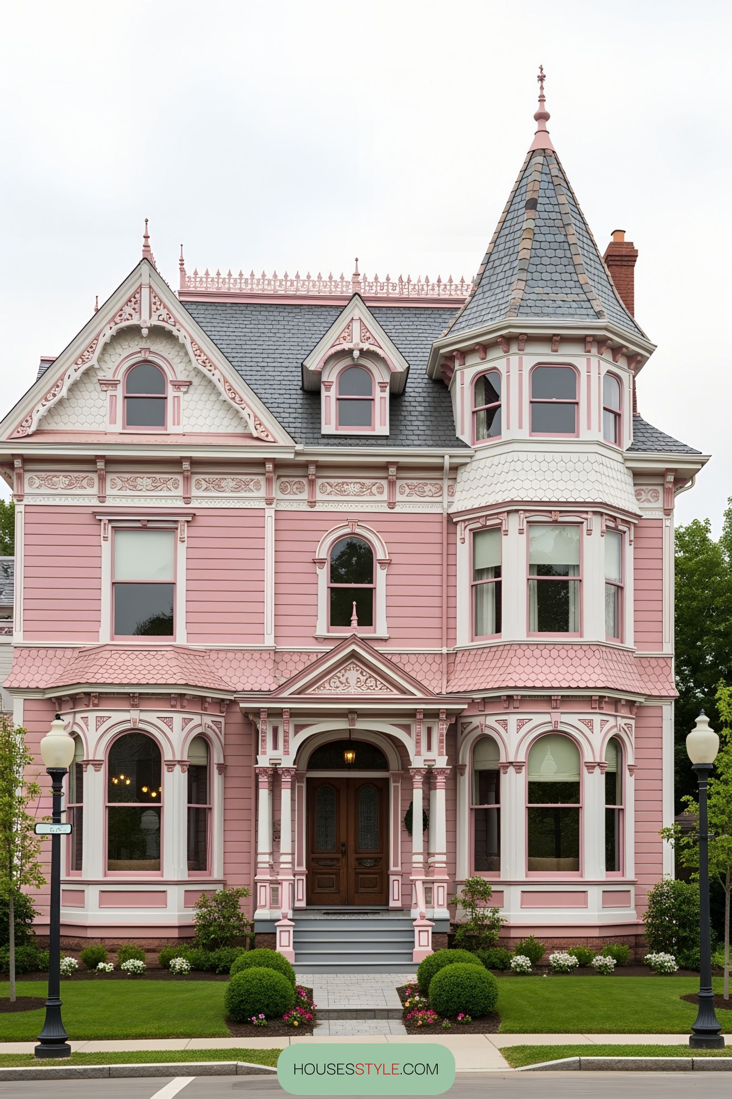 Elegant pink Victorian house with turrets