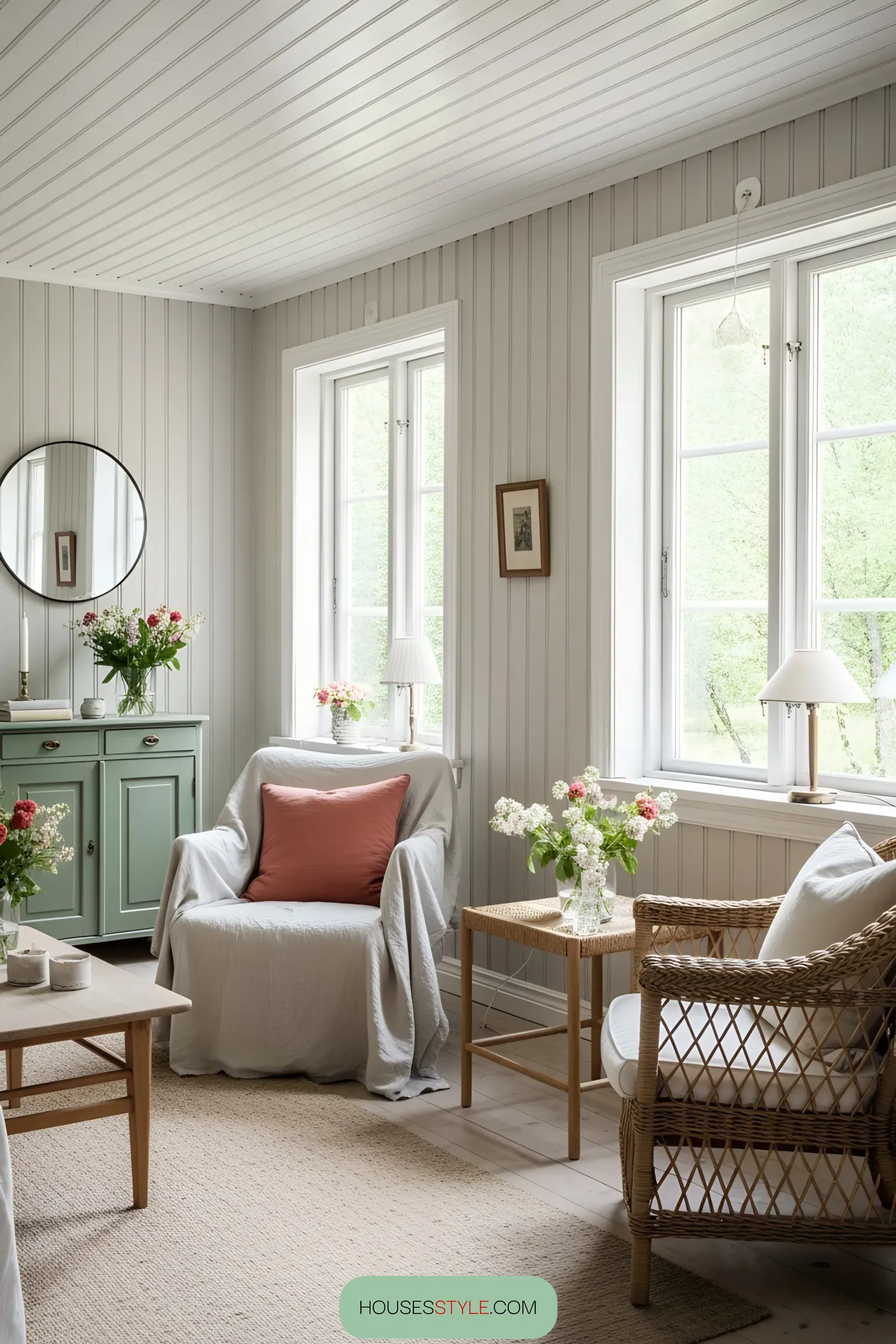 Cozy living room with wicker furniture and floral decor