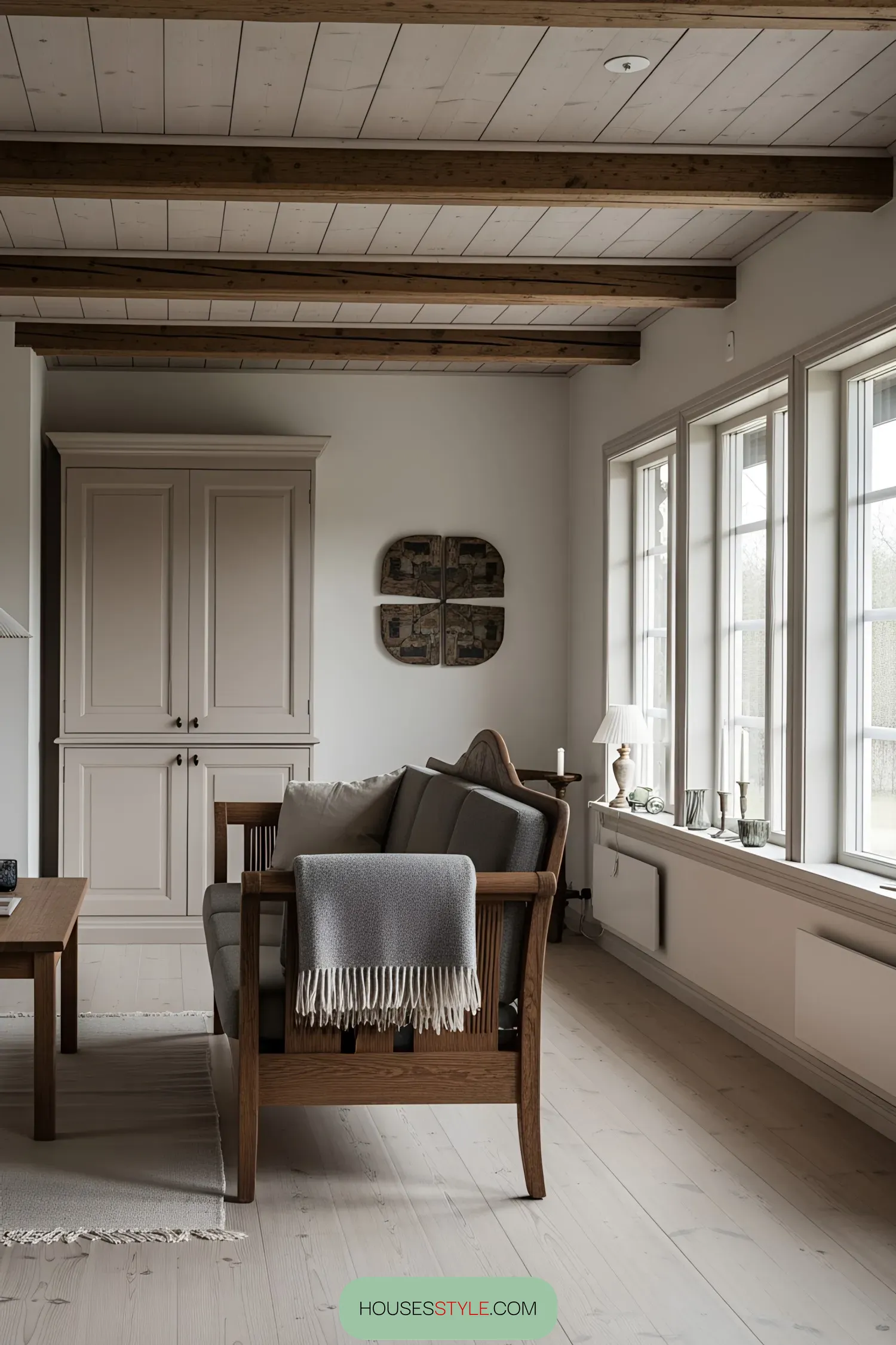 Bright and inviting Swedish living area with wooden accents