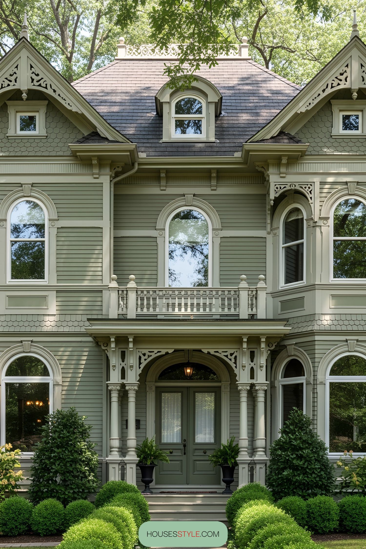 Green Victorian house with ornate details and lush garden