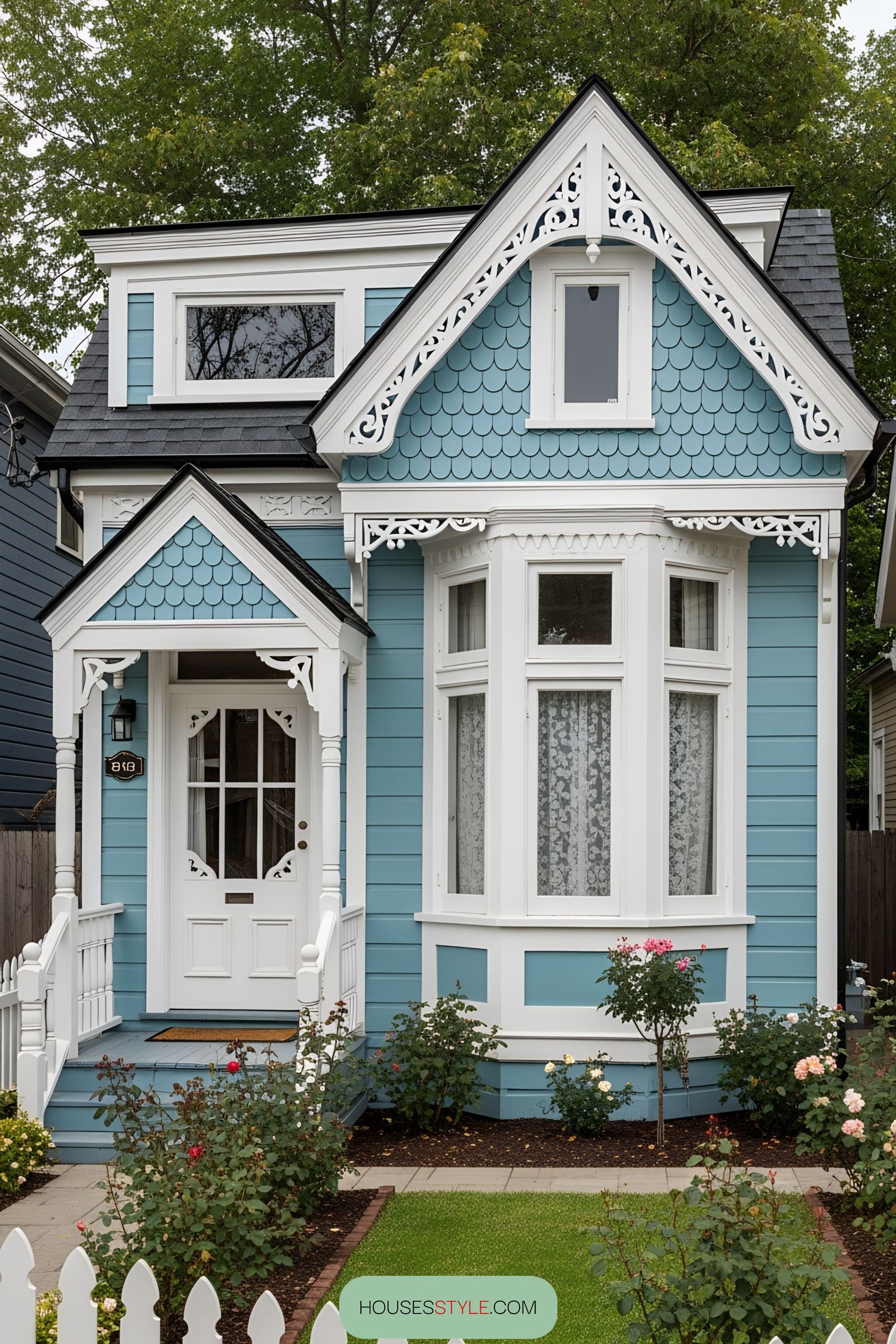 Compact Victorian house with ornate details and blue exterior