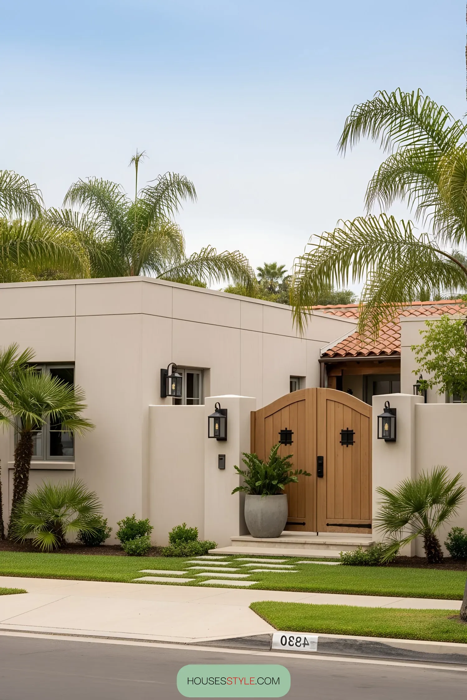 Modern coastal house with palm trees and gated entrance