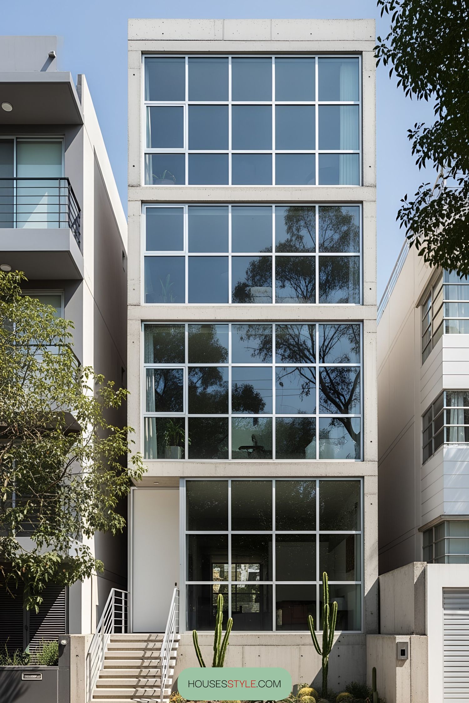 Rectangular house with large glass windows and concrete frame