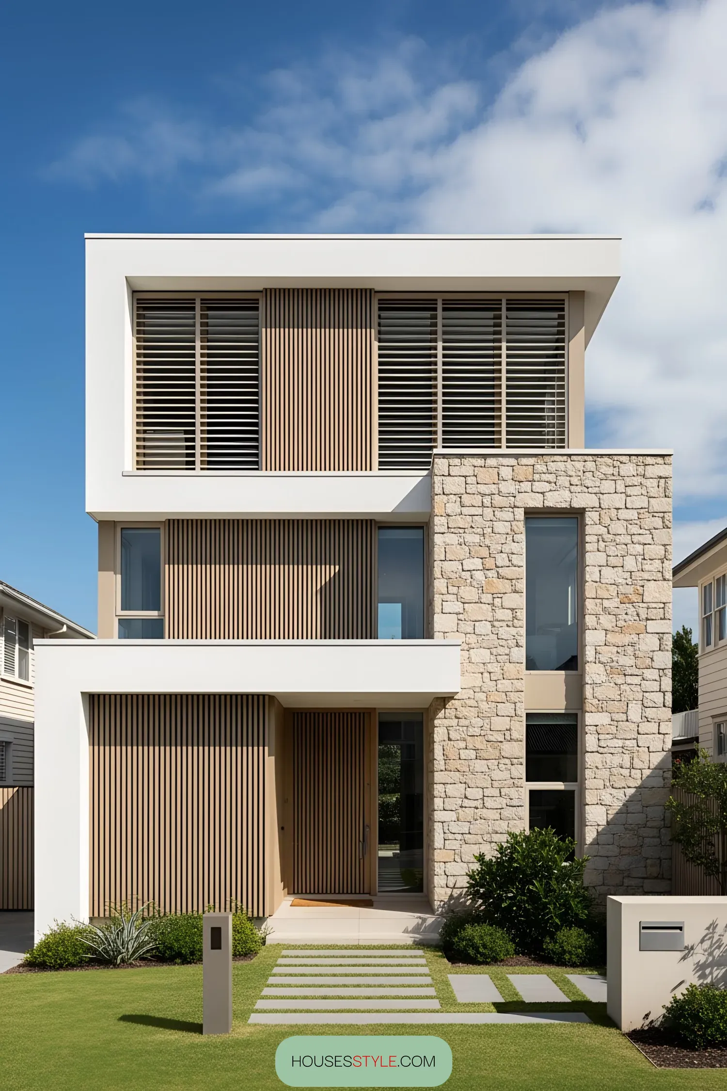 Modern coastal house with stone and wooden accents