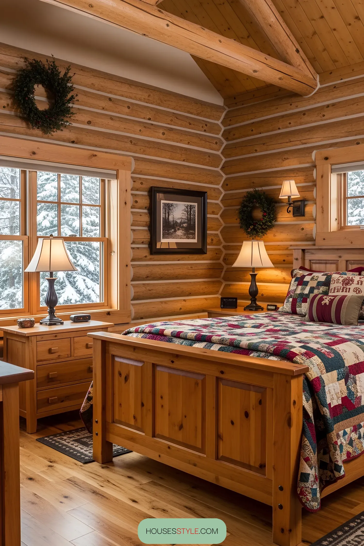 Warm log cabin room with bed and window view