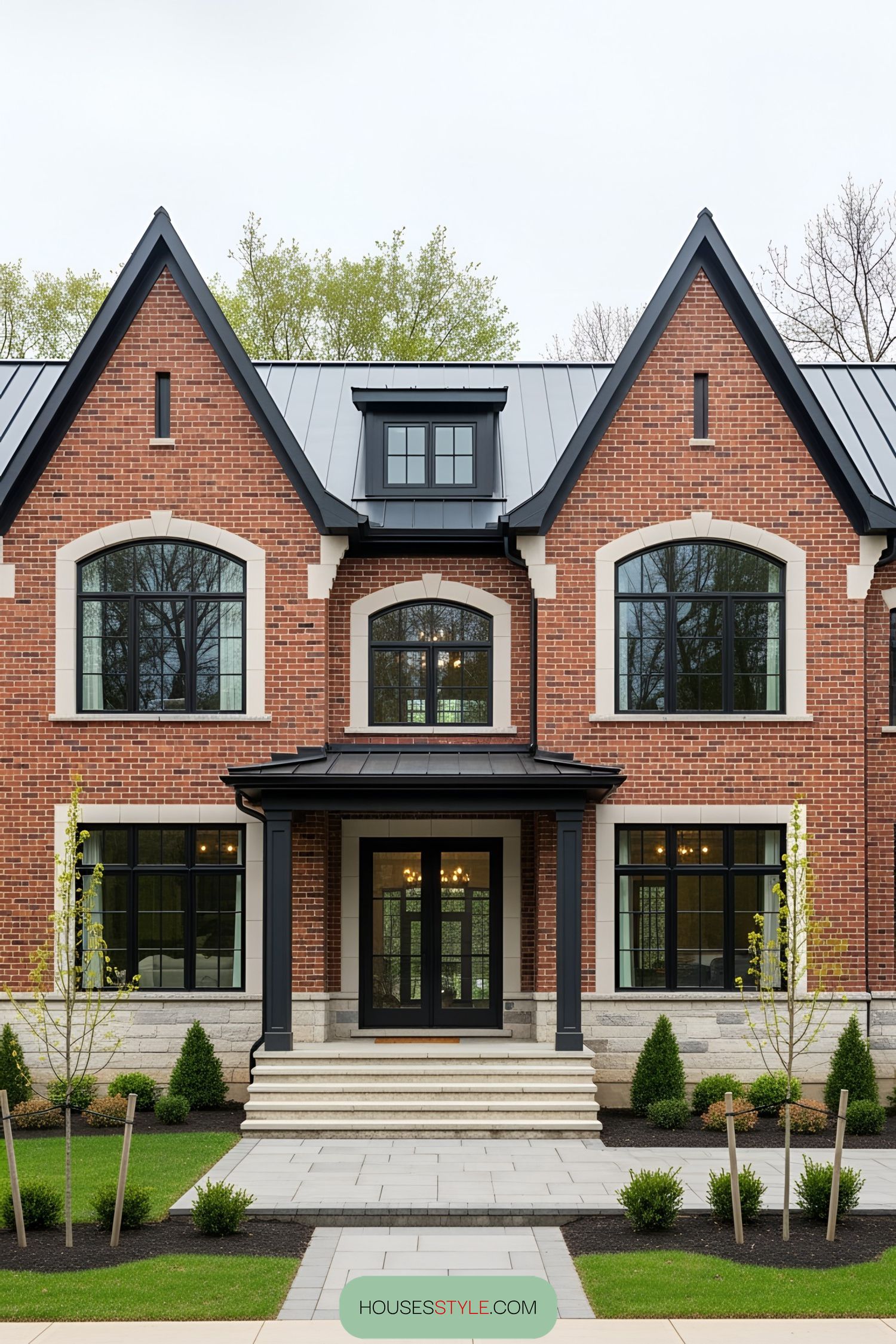 Red brick house with black trim and large windows