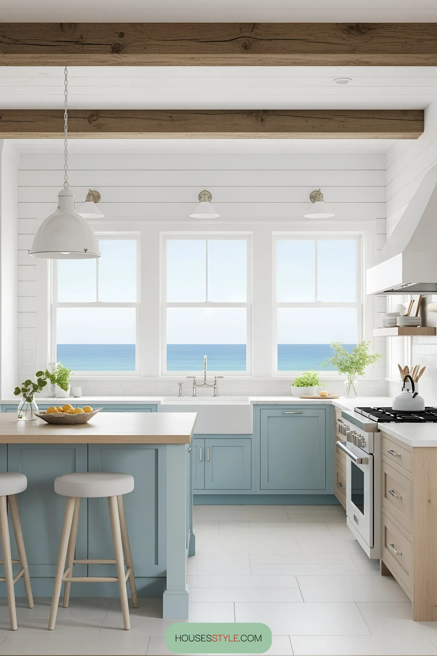 Bright kitchen with ocean view through large windows