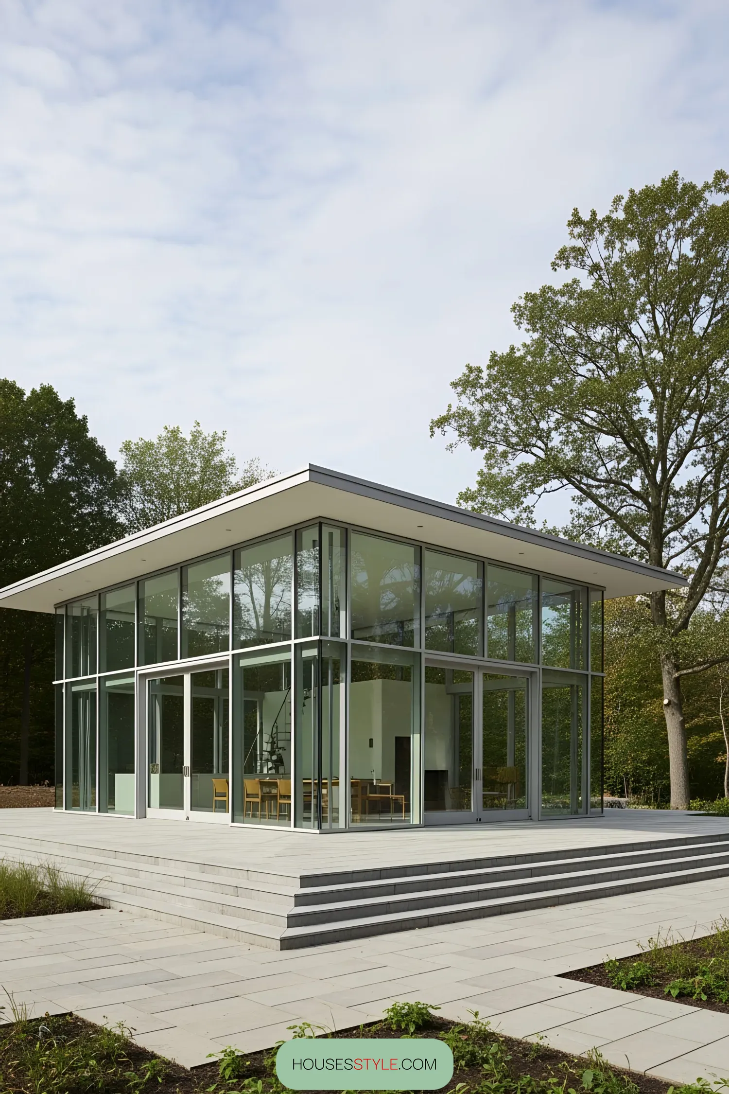 A glass pavilion surrounded by trees with a modern design