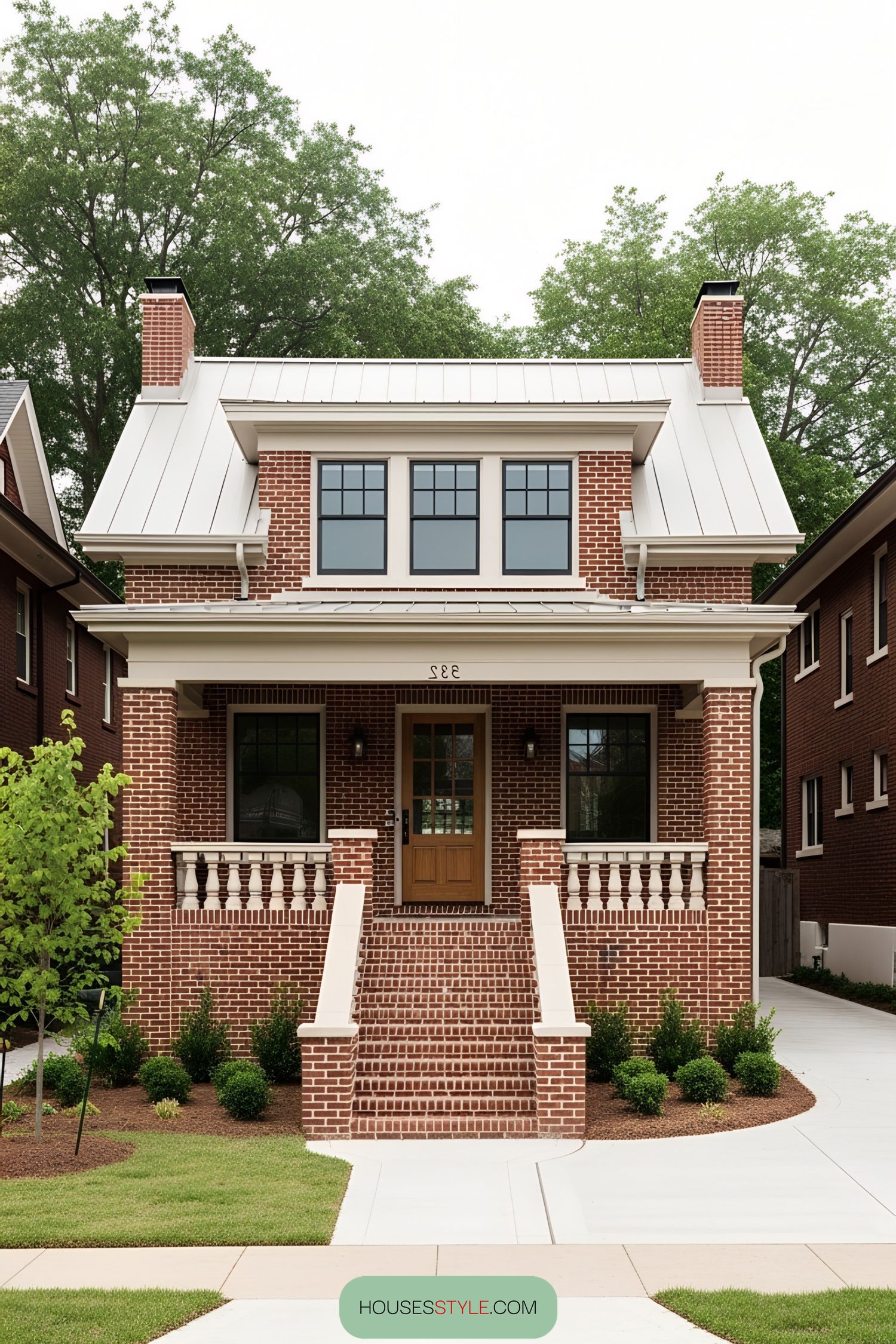 Classic brick bungalow with front steps and lush greenery
