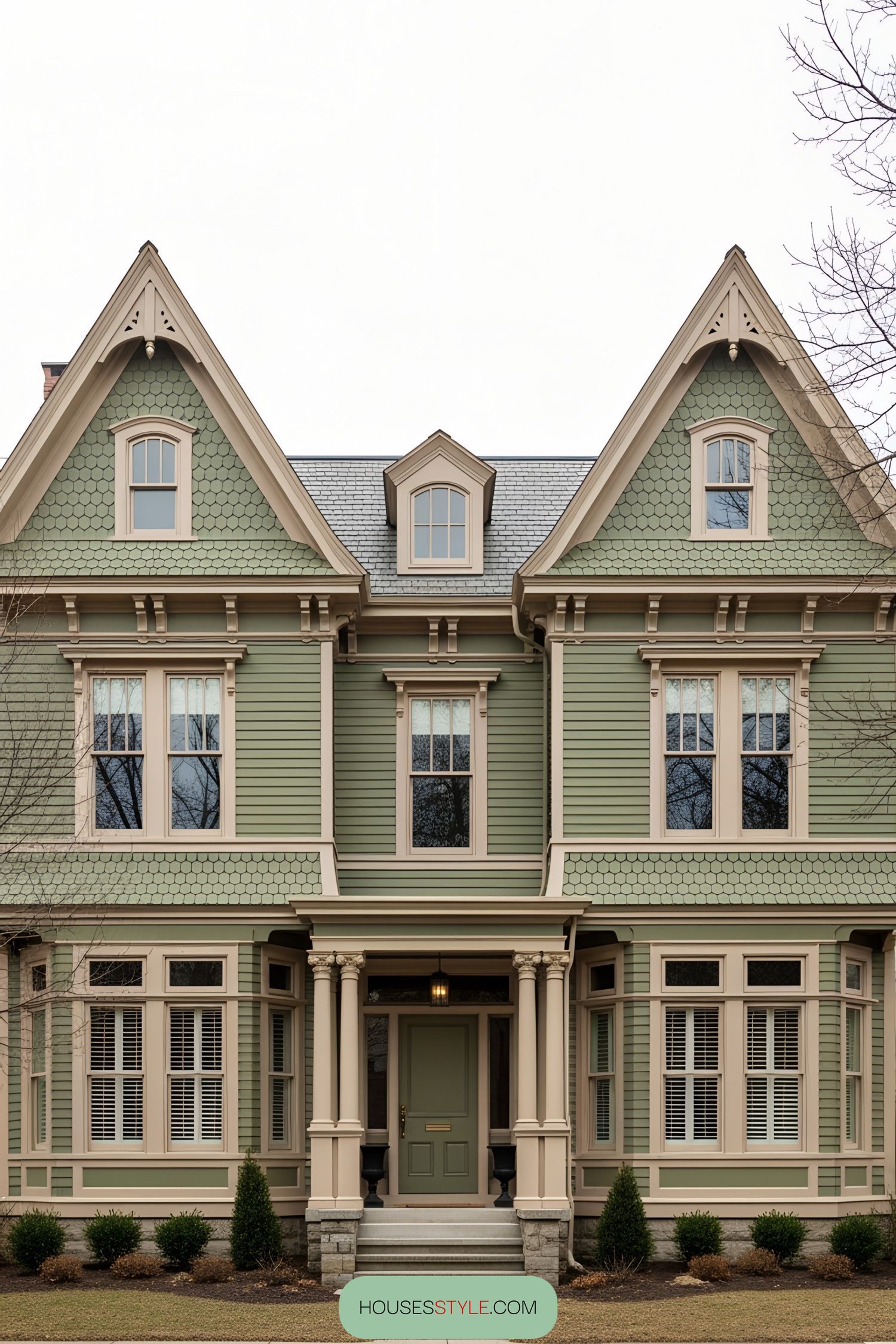 Green Victorian house with ornate details and tall windows