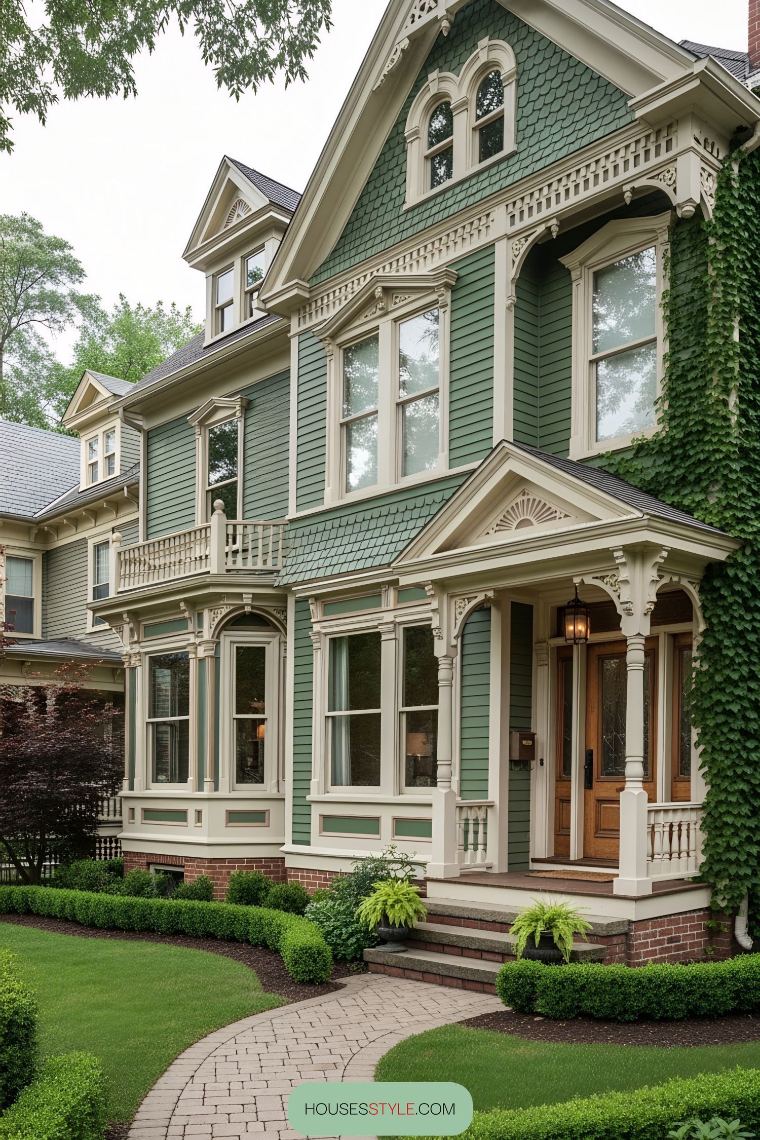 Green Victorian house with ornate details and lush landscaping
