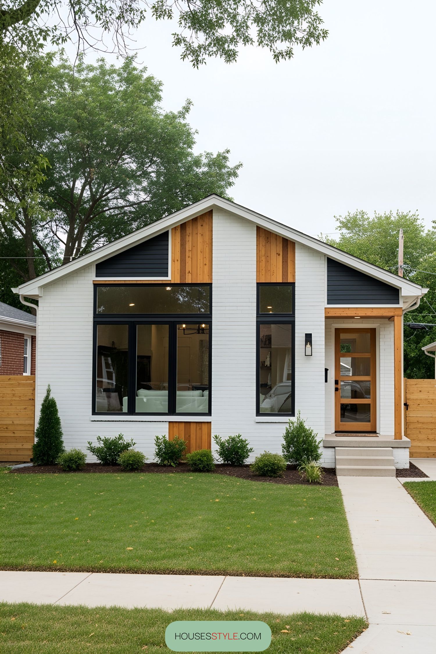 Modern white bungalow with wooden accents