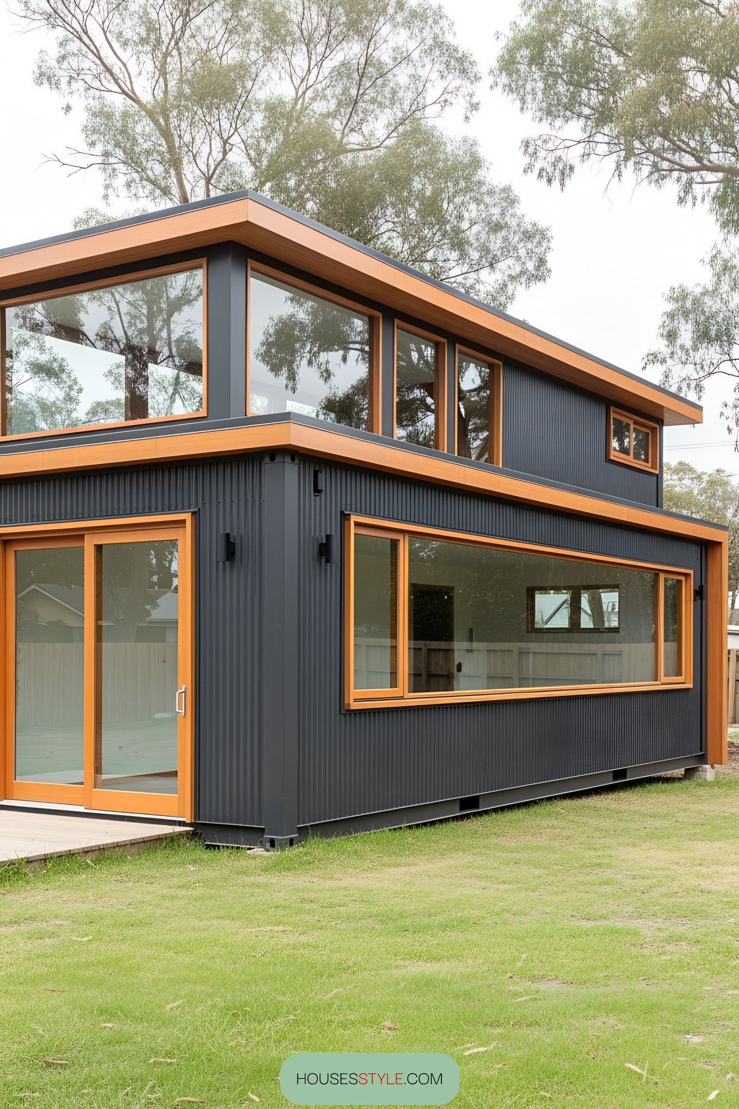 Modern container office with large windows and wooden trim