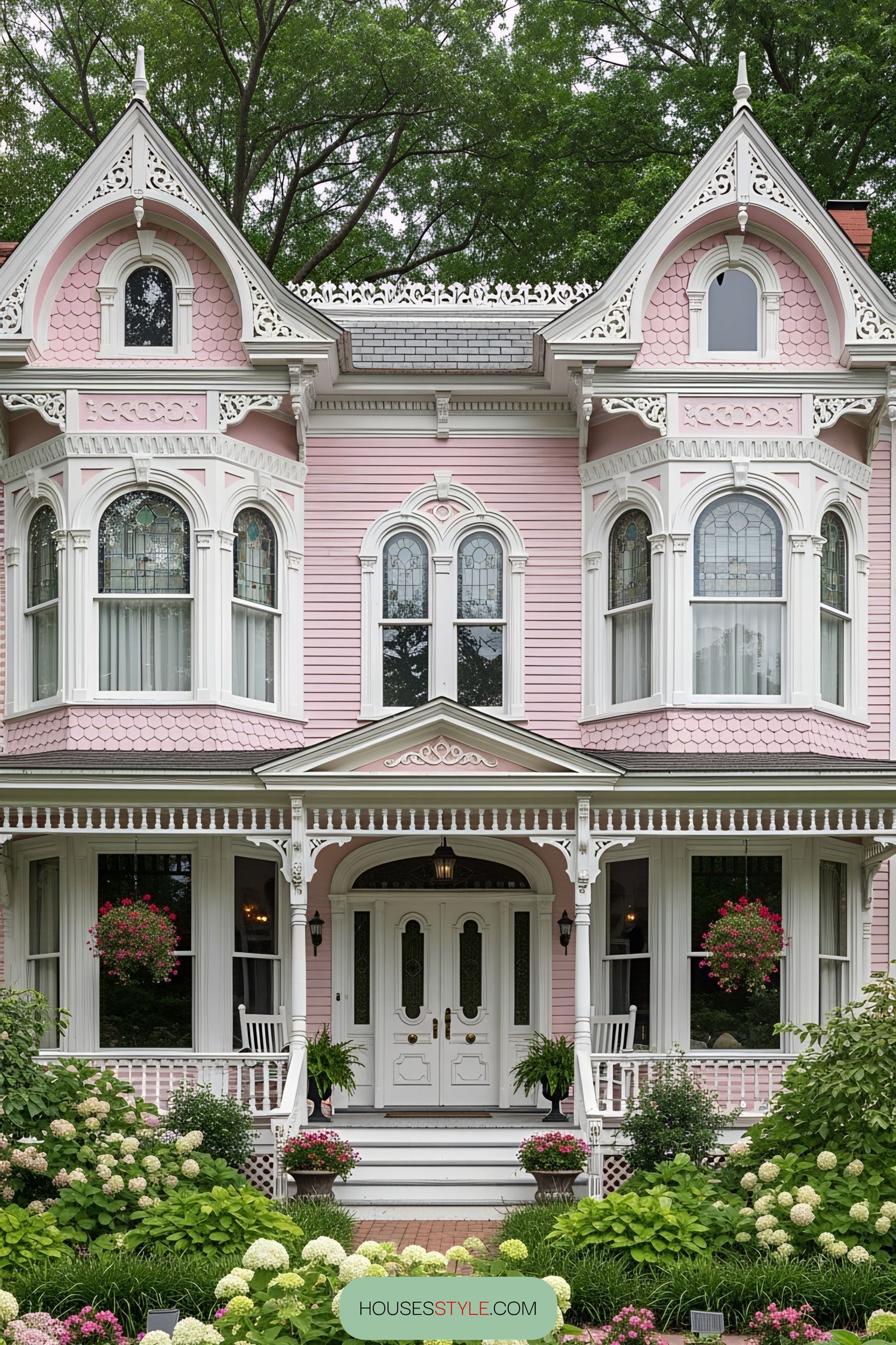 Pink Victorian house with ornate trim and lush garden