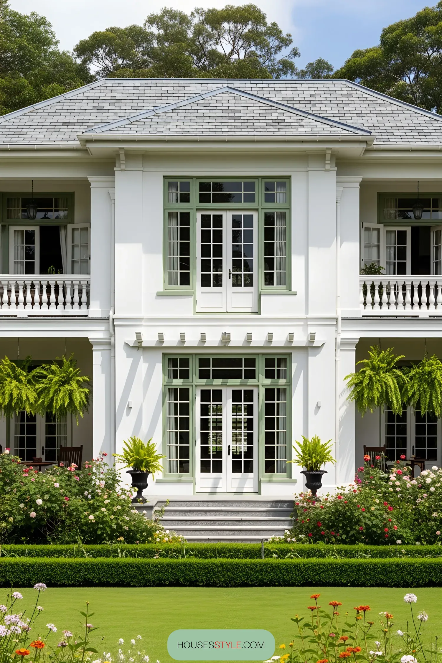 Tropical colonial house with green accents and blooming garden