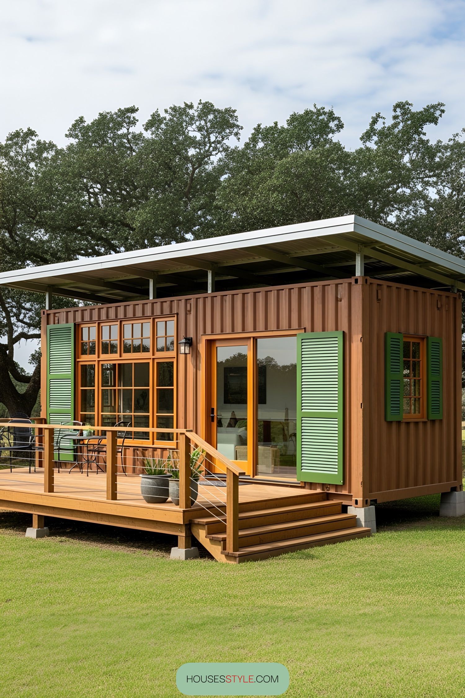 Shipping container office with green shutters and wooden deck