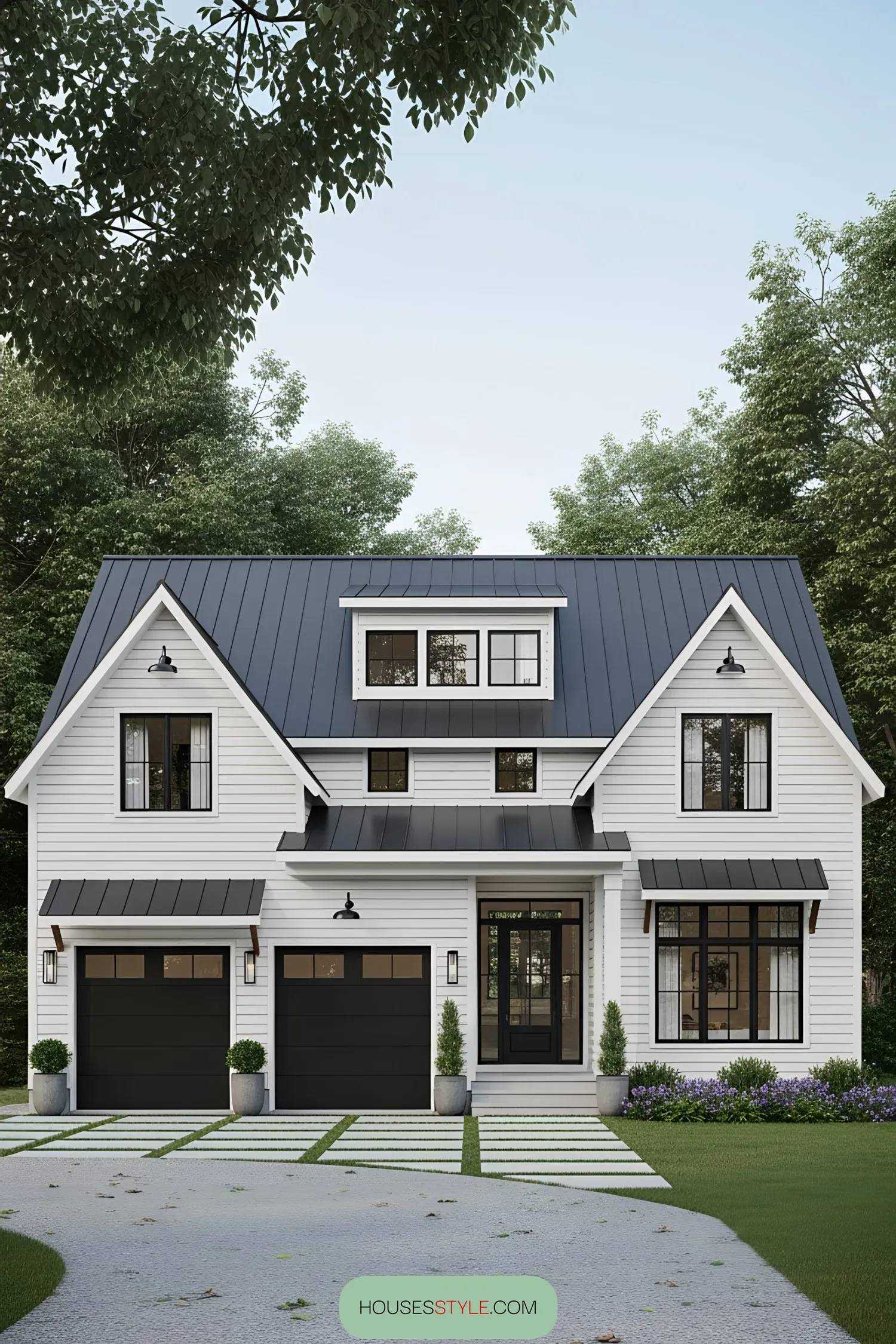 Charming white farmhouse with dual garages