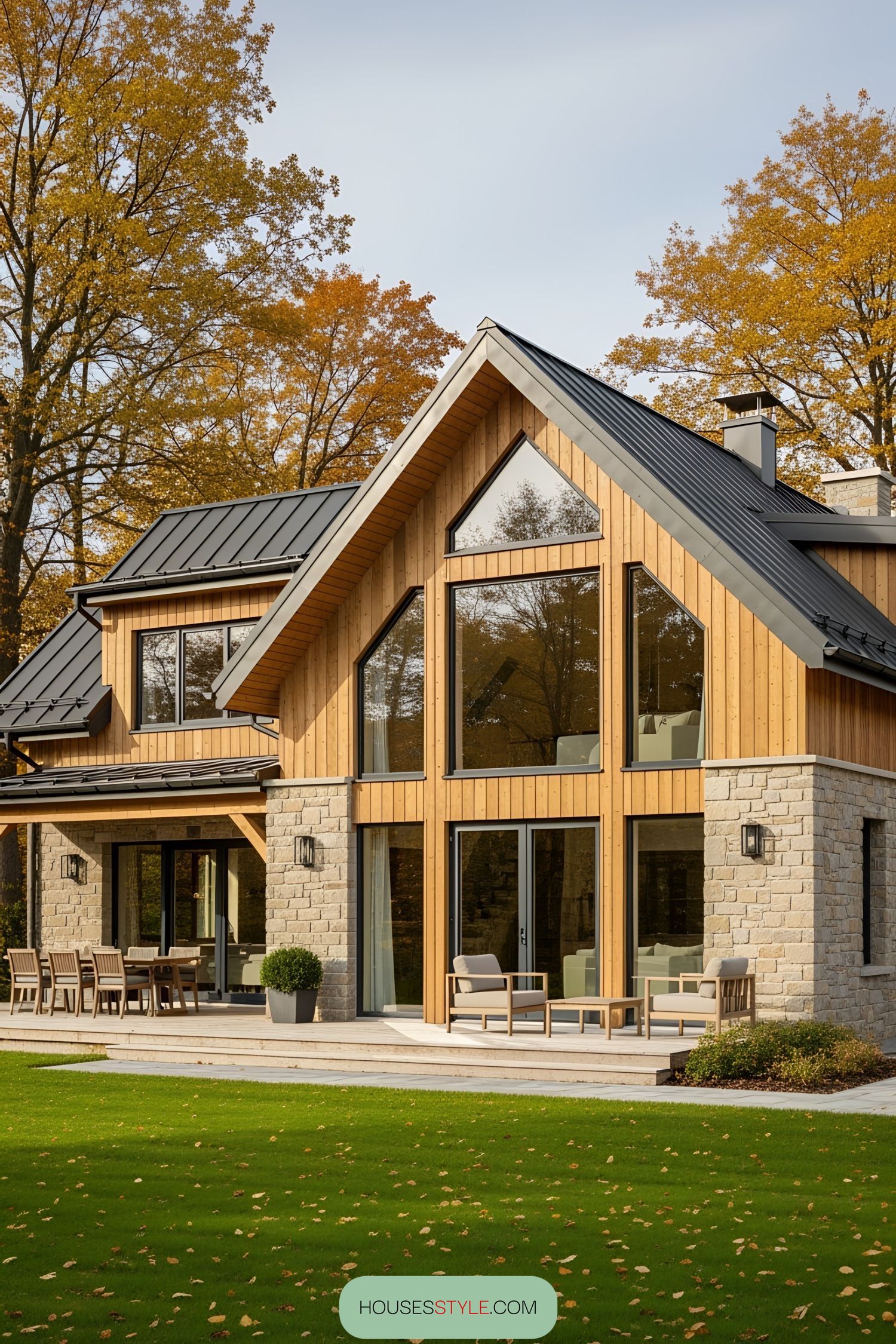 Chalet bungalow with large windows and patio