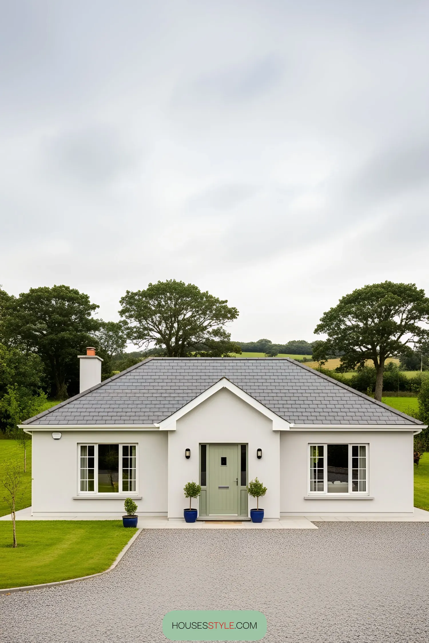 Cozy white bungalow with green door amidst lush greenery