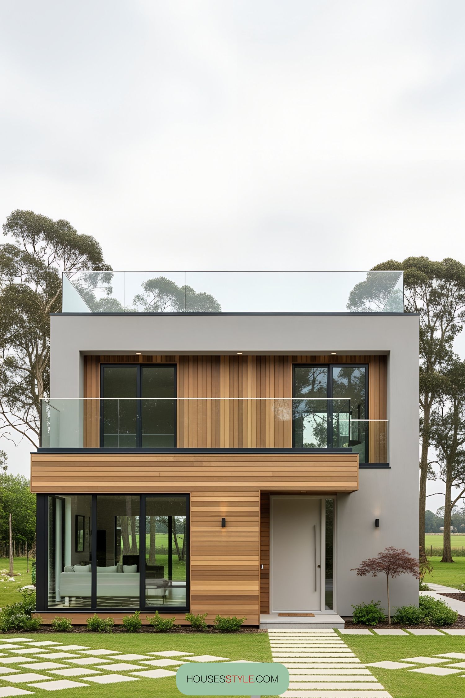 Modern bungalow with wooden accents and a rooftop deck