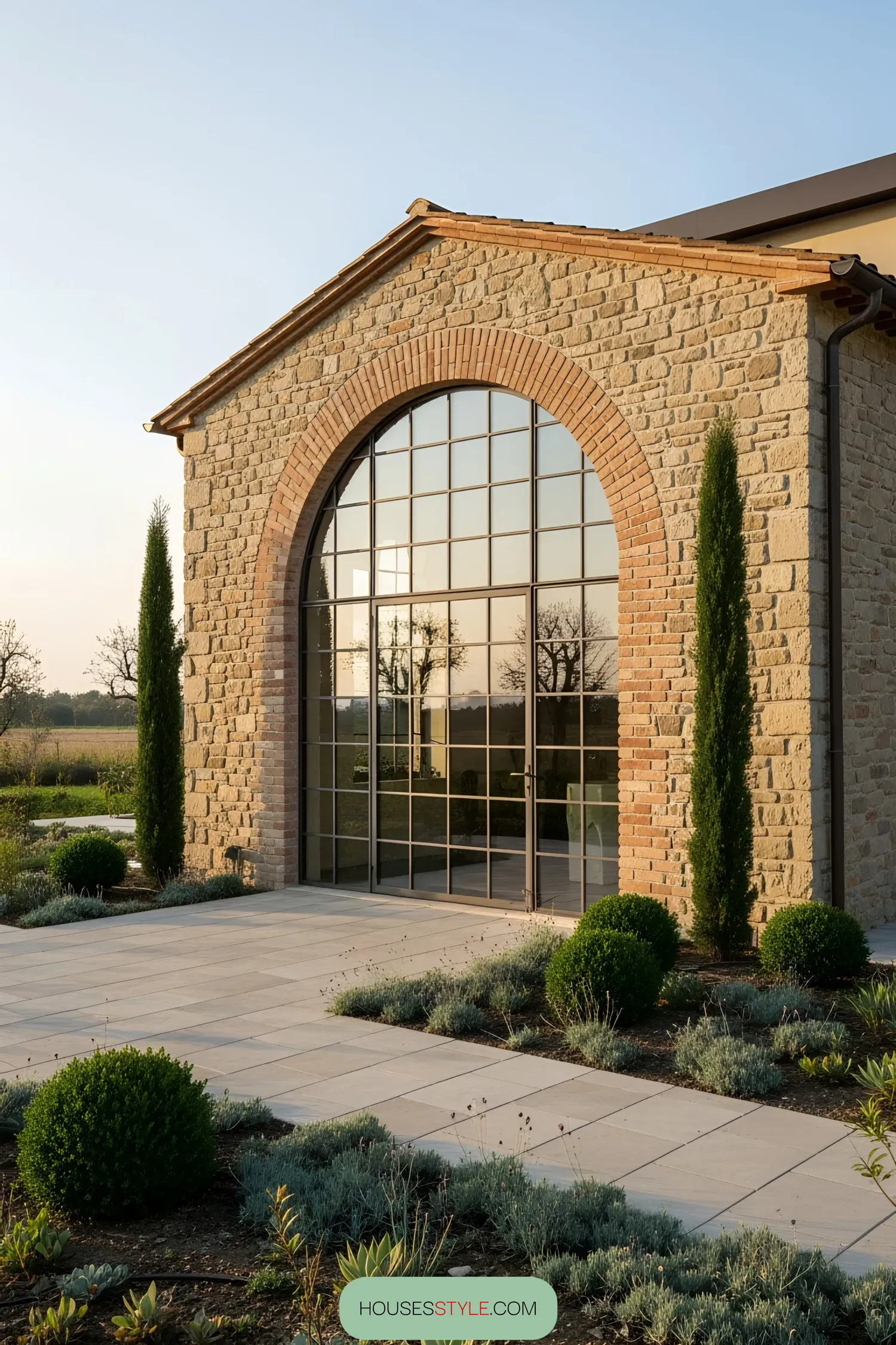 Modern Tuscan villa with large arched window and stone facade