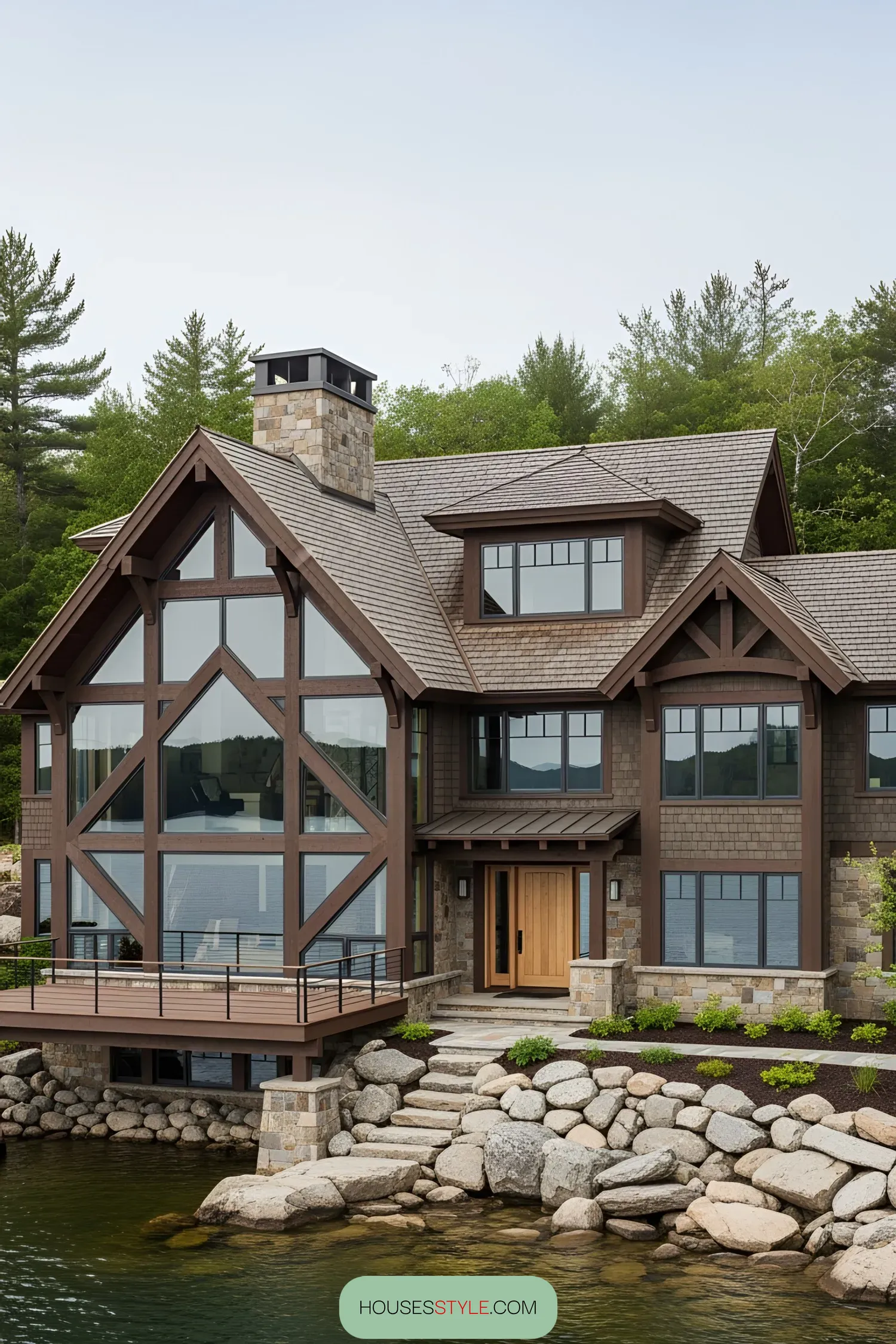 Rustic lake house with timber beams and glass facade