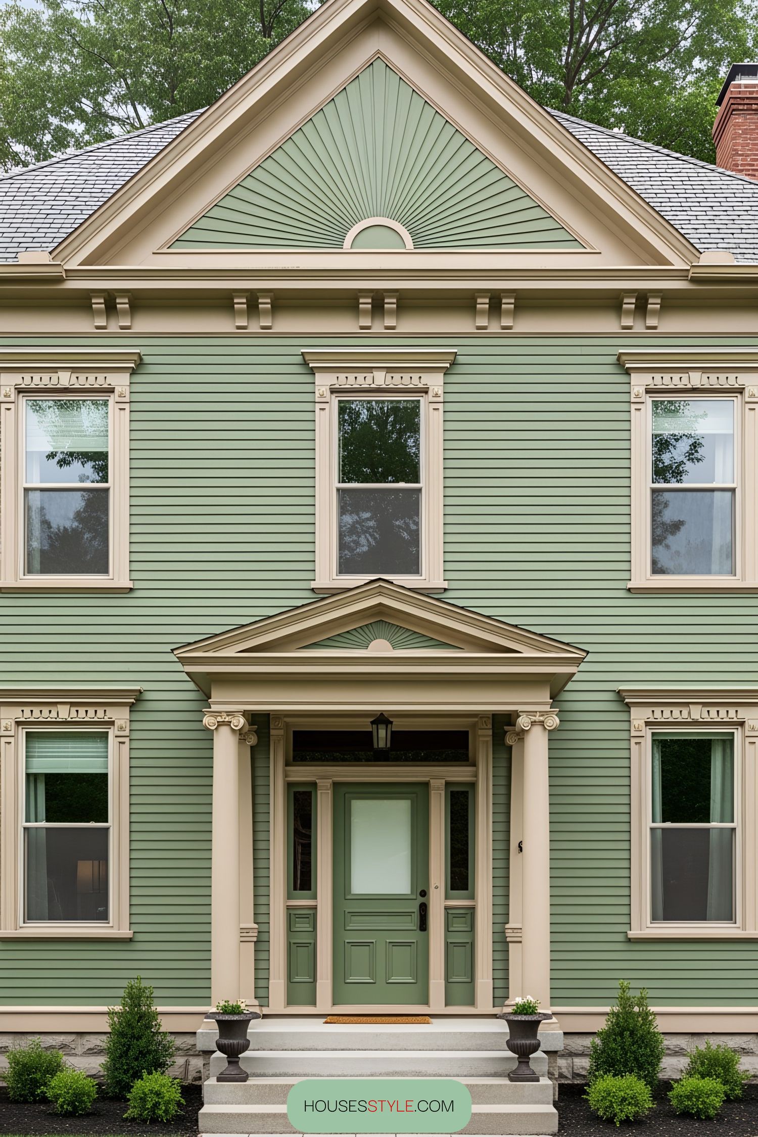 Green Victorian house with light trim and decorative porch columns