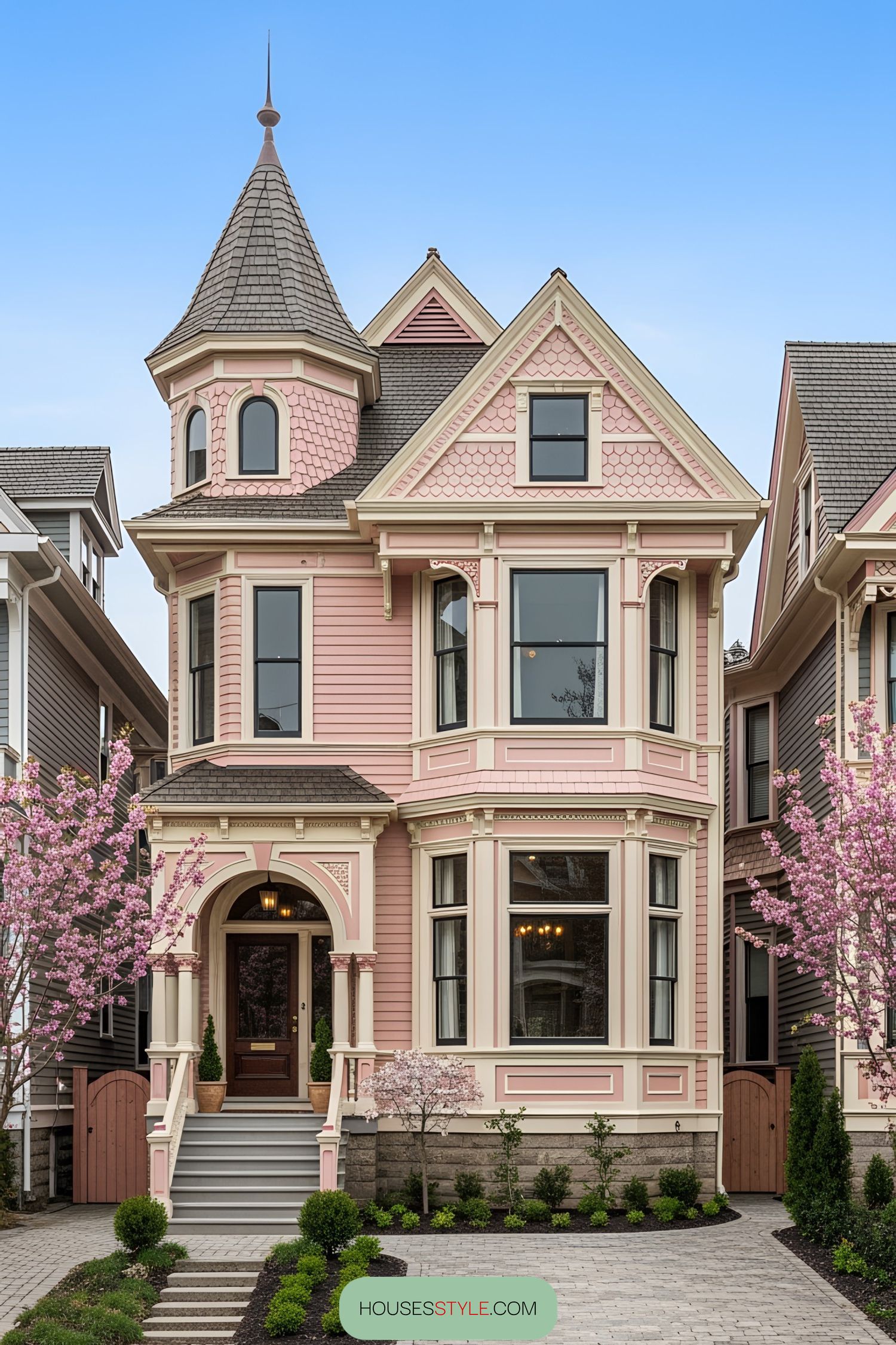 Pink Victorian house with turret and ornate details