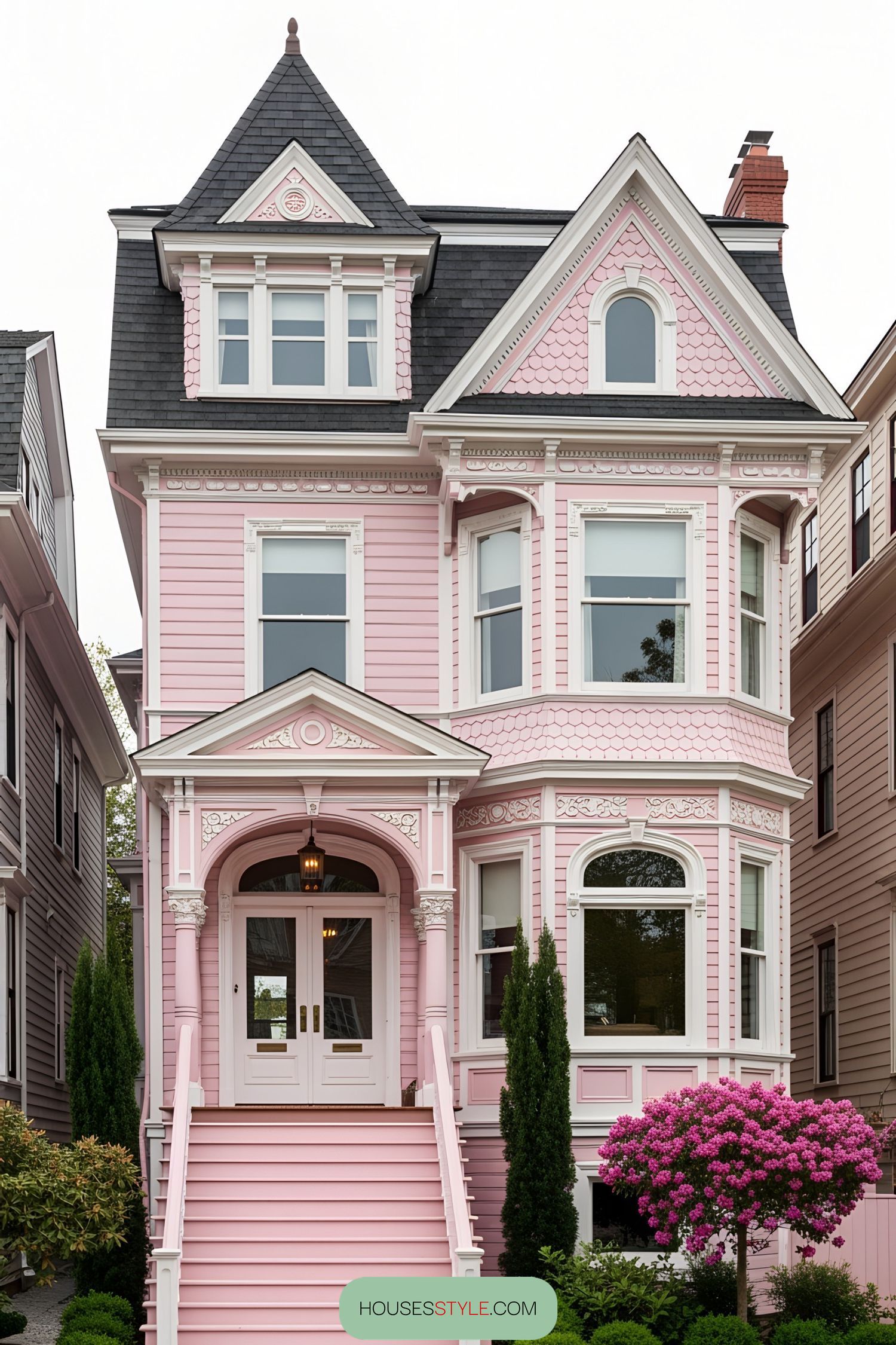 Elegant pink Victorian house with ornate details and bay windows