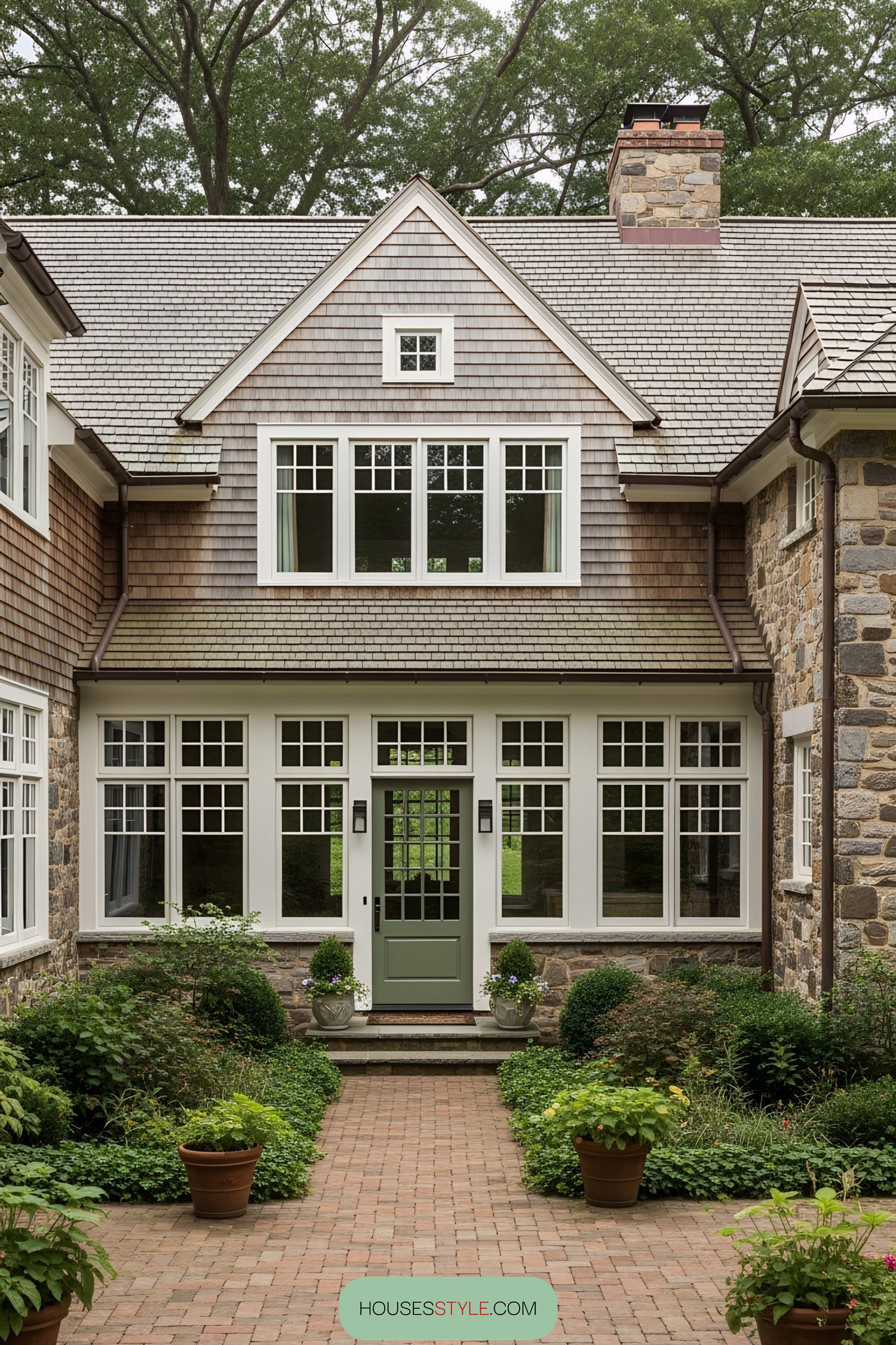 Brick farmhouse with a lush garden and welcoming entry