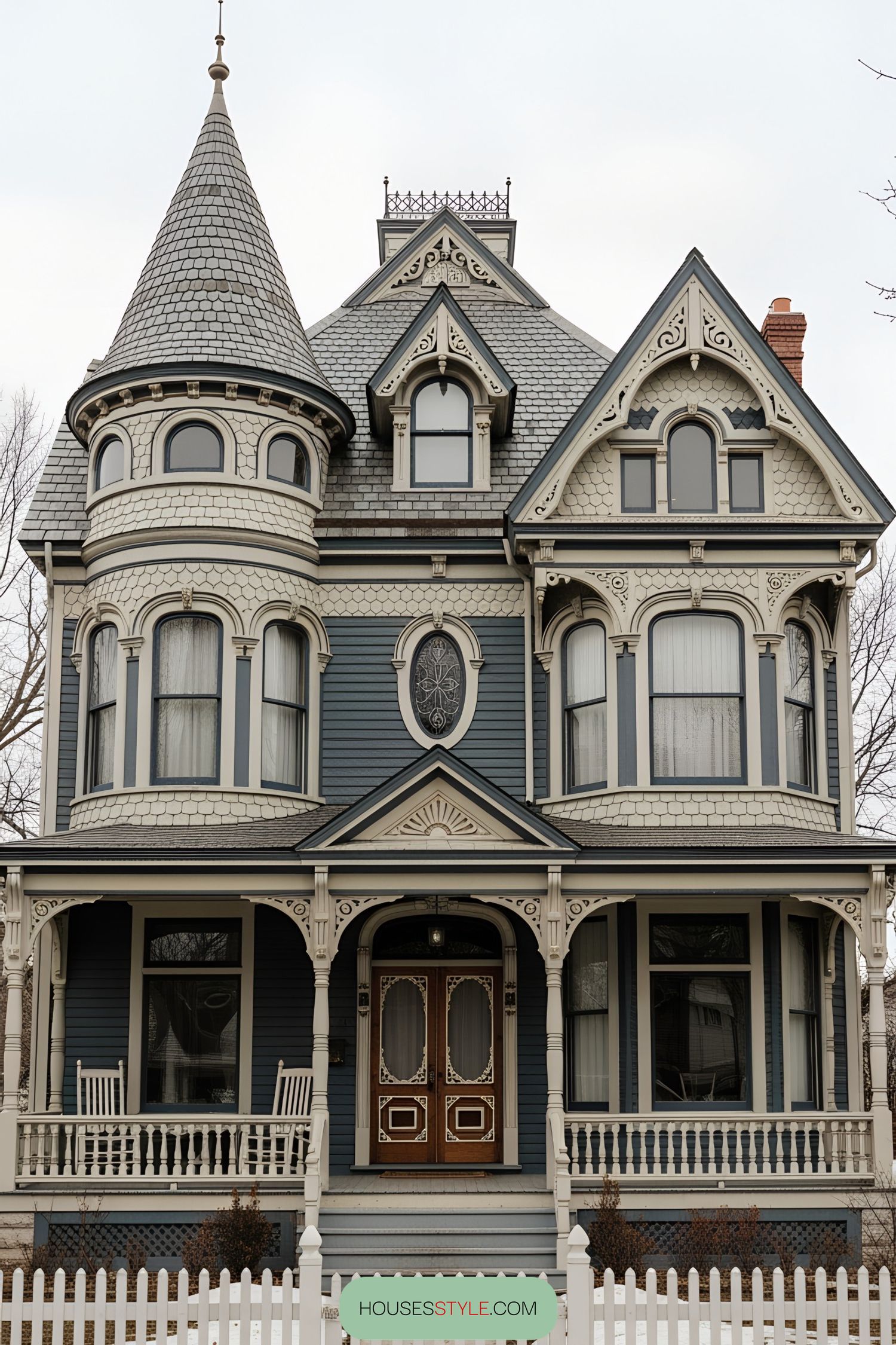 Gothic Victorian house with ornate details and a round tower