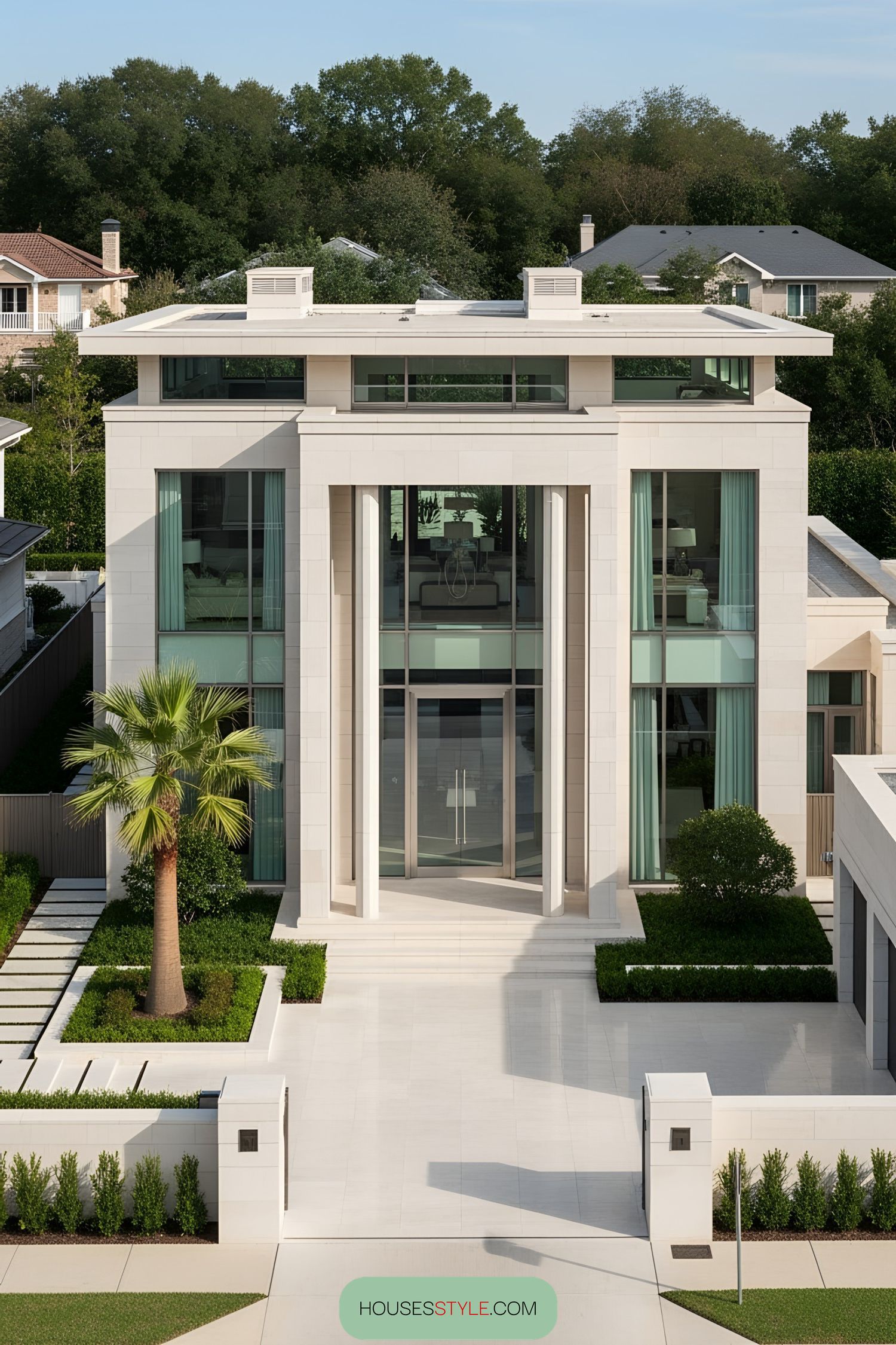 Sleek modern mansion with tall glass windows and lush greenery