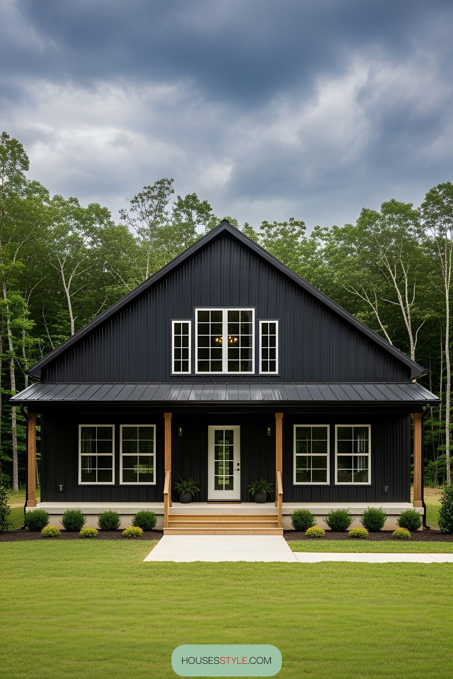 Black pole barn house with a porch and large windows, surrounded by greenery