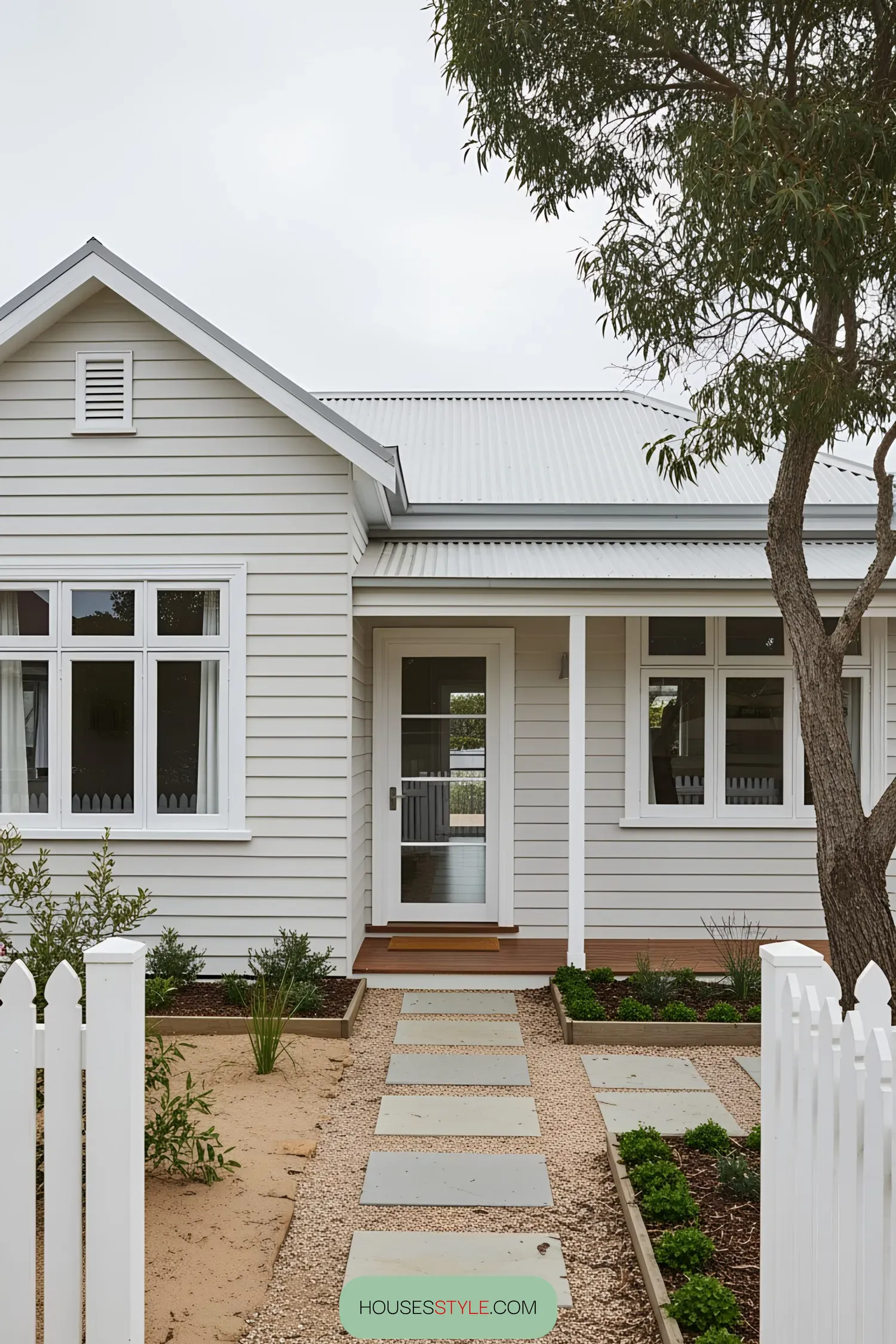 White coastal house with a welcoming garden pathway