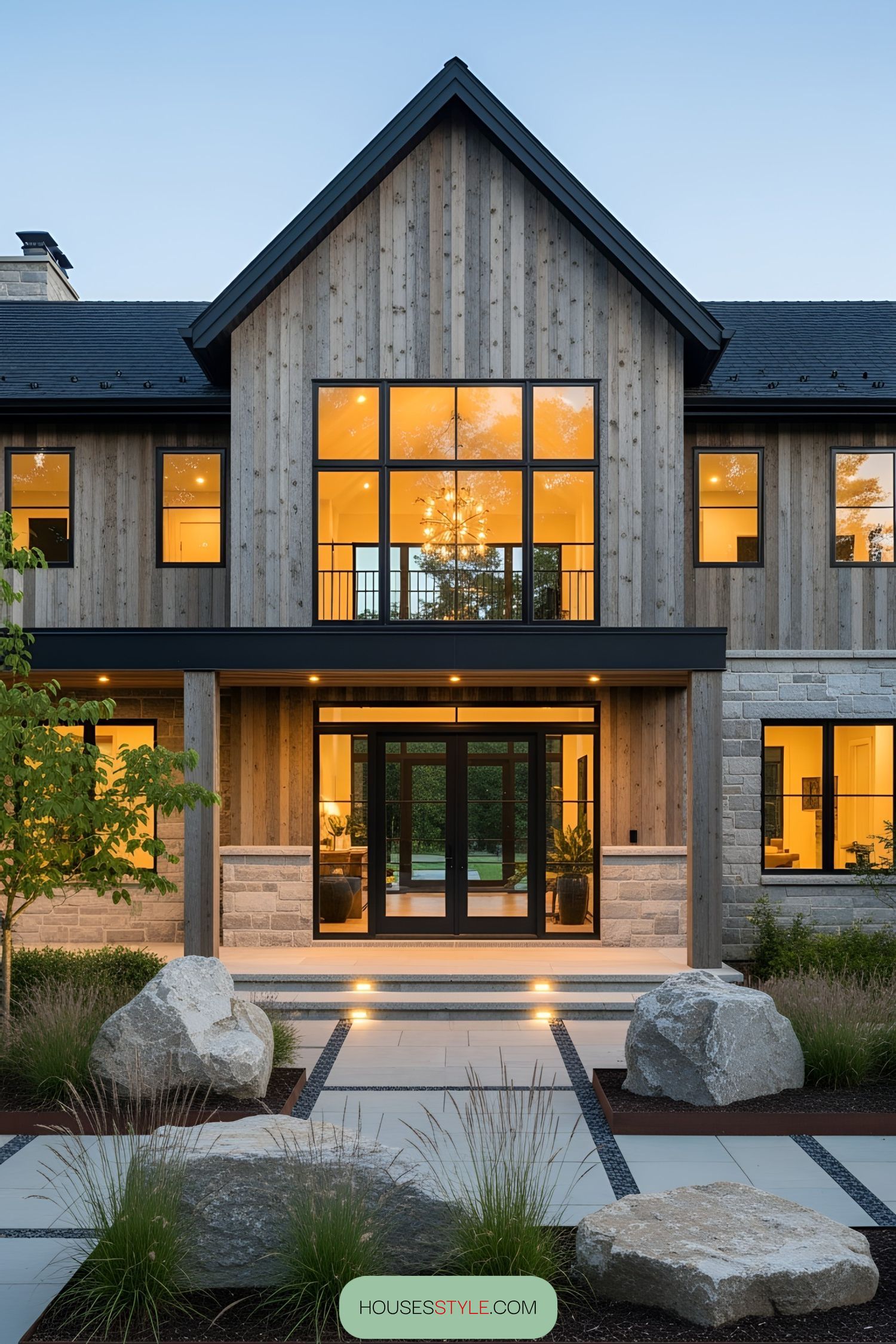 Contemporary house with large windows and wooden facade