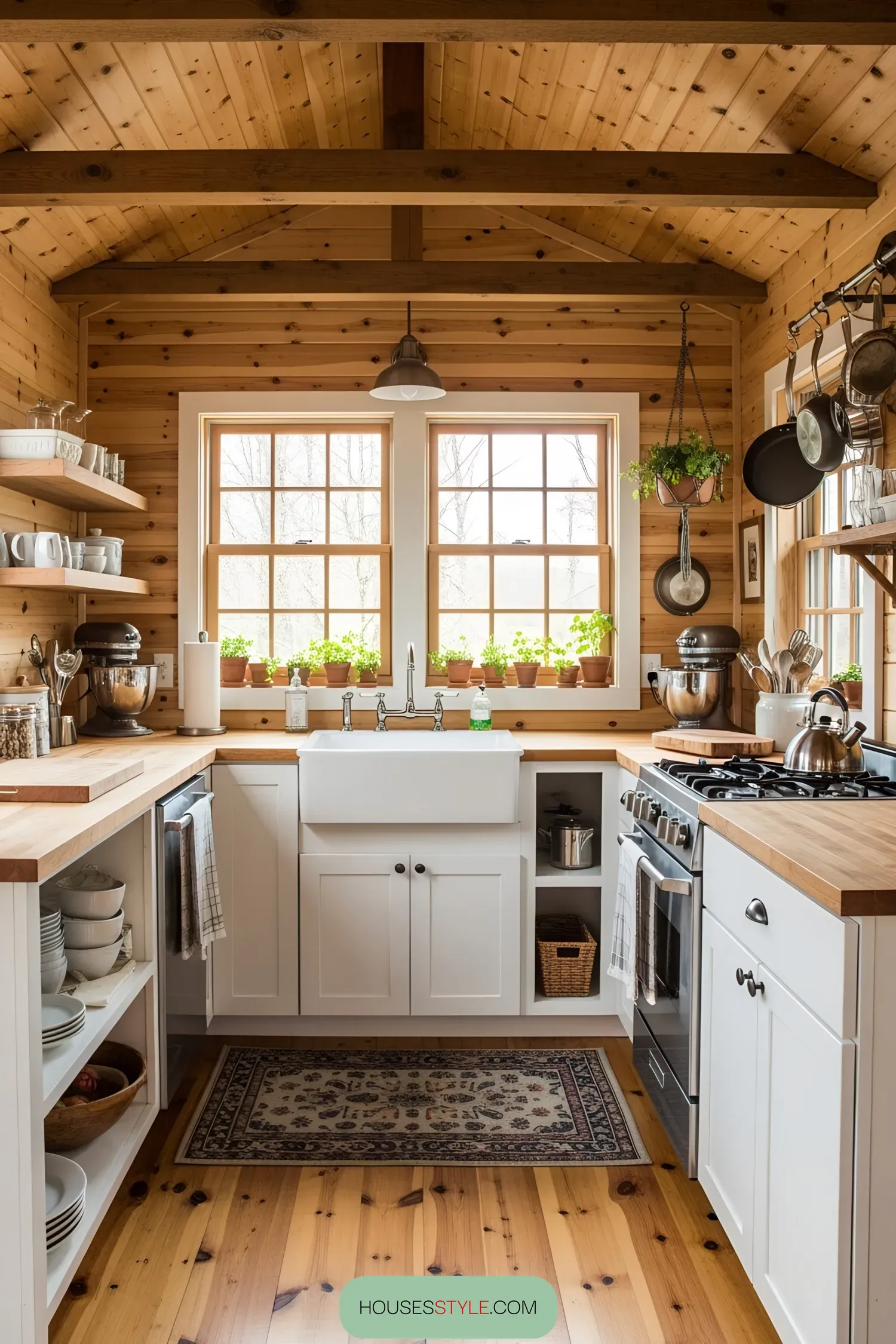 Bright kitchen corner with wood paneling and potted plants