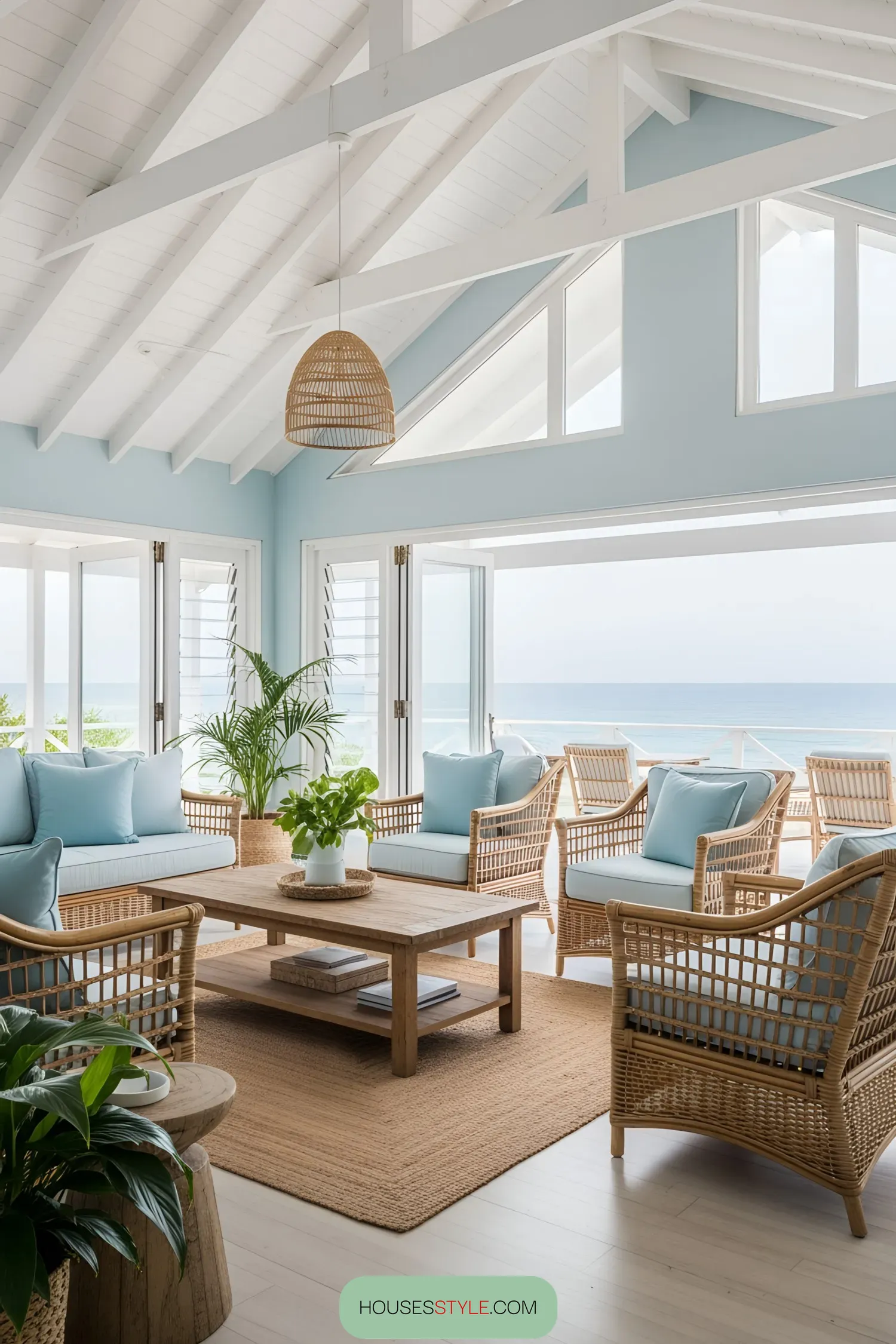 Cozy beach house living room with ocean views