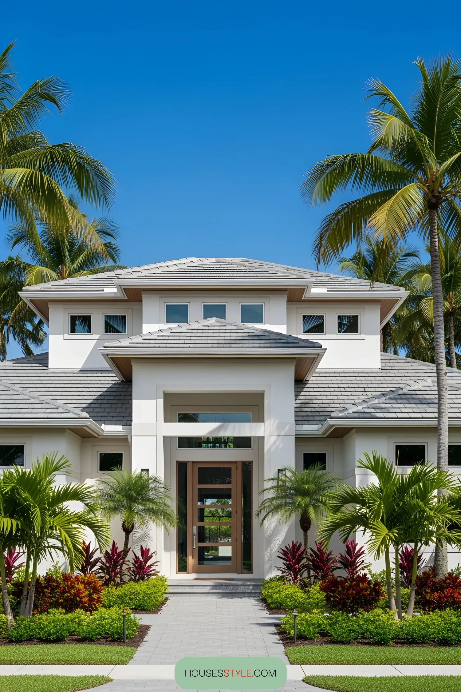 Modern coastal home entrance with palm trees