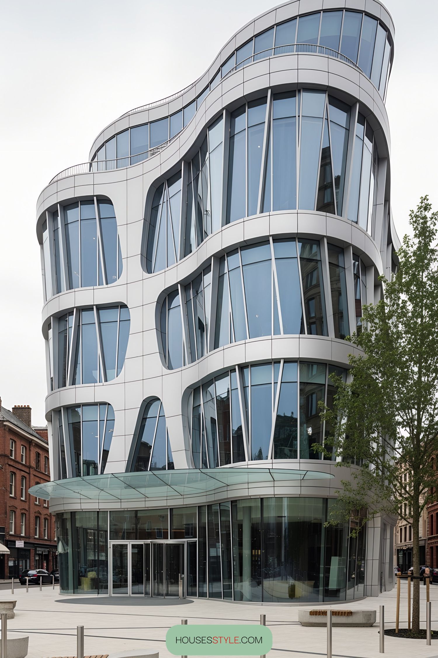 Futuristic building with undulating glass facade
