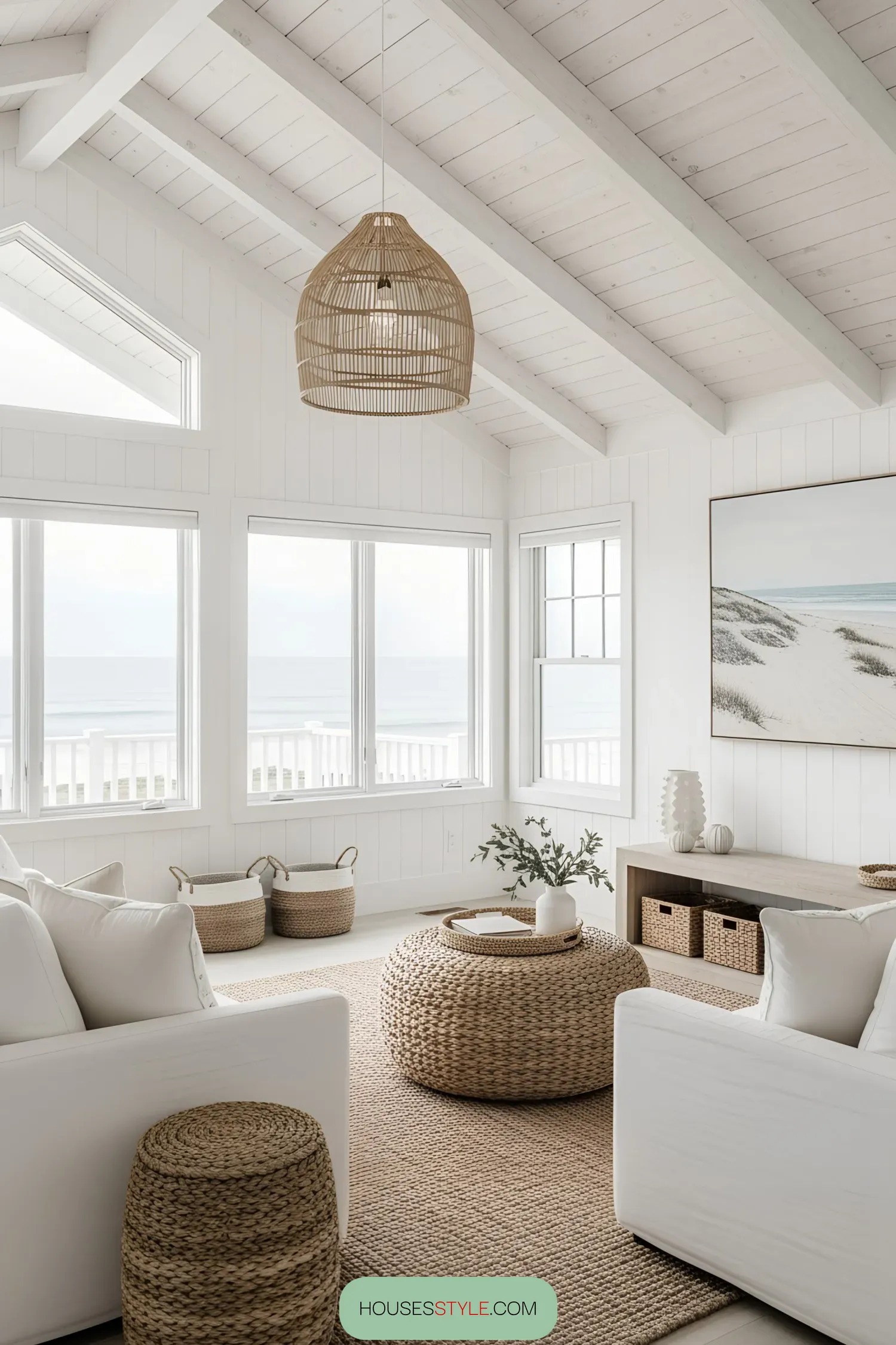 Bright beach house living room with wicker decor and ocean view
