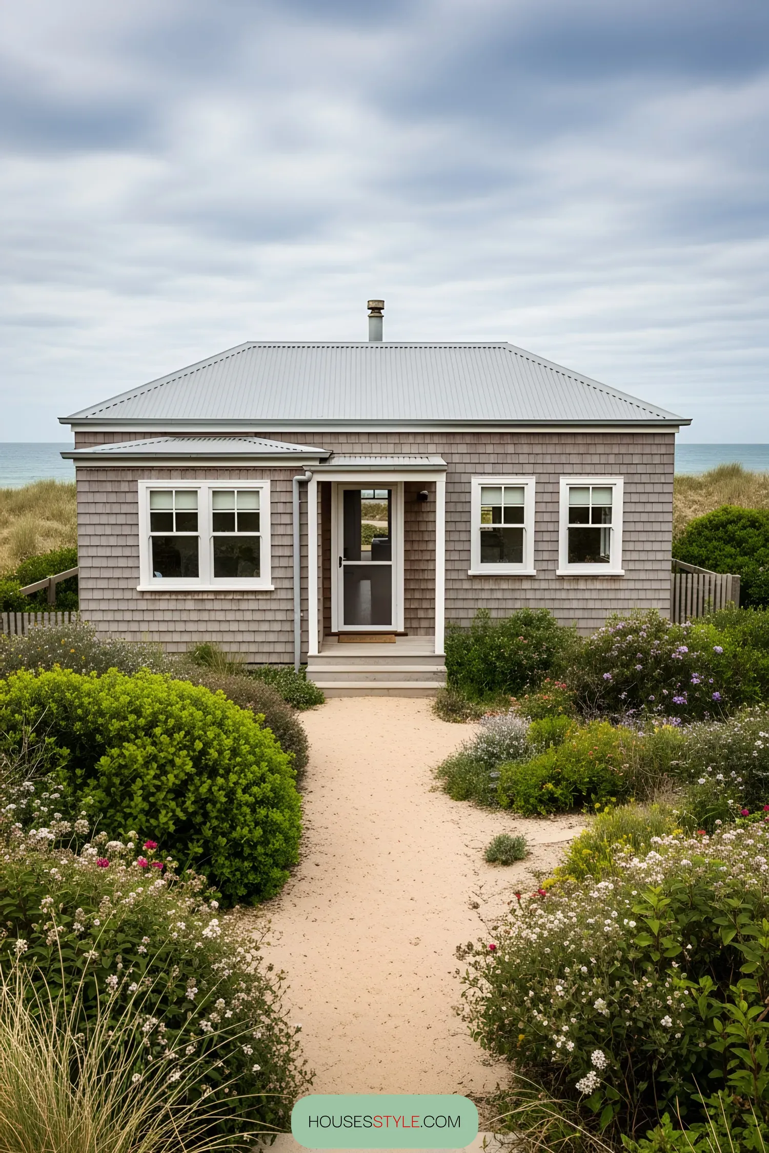 Small beach house with a sandy path and garden