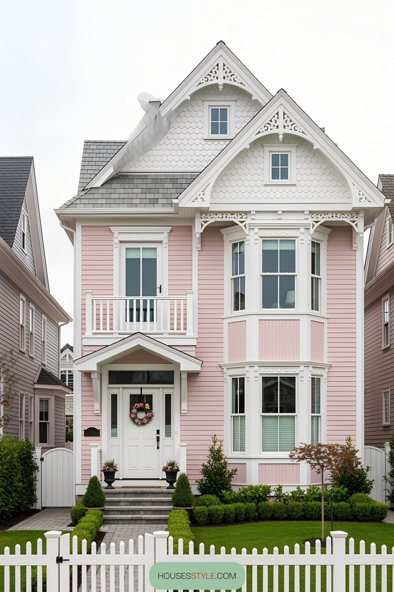 Charming pink Victorian house with ornate details