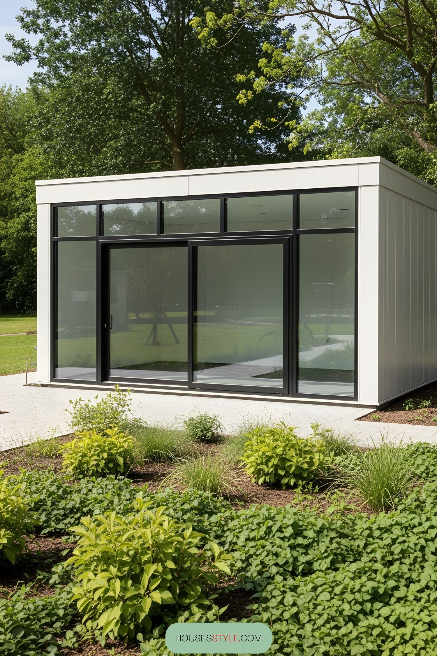 Sleek container office with large windows and greenery
