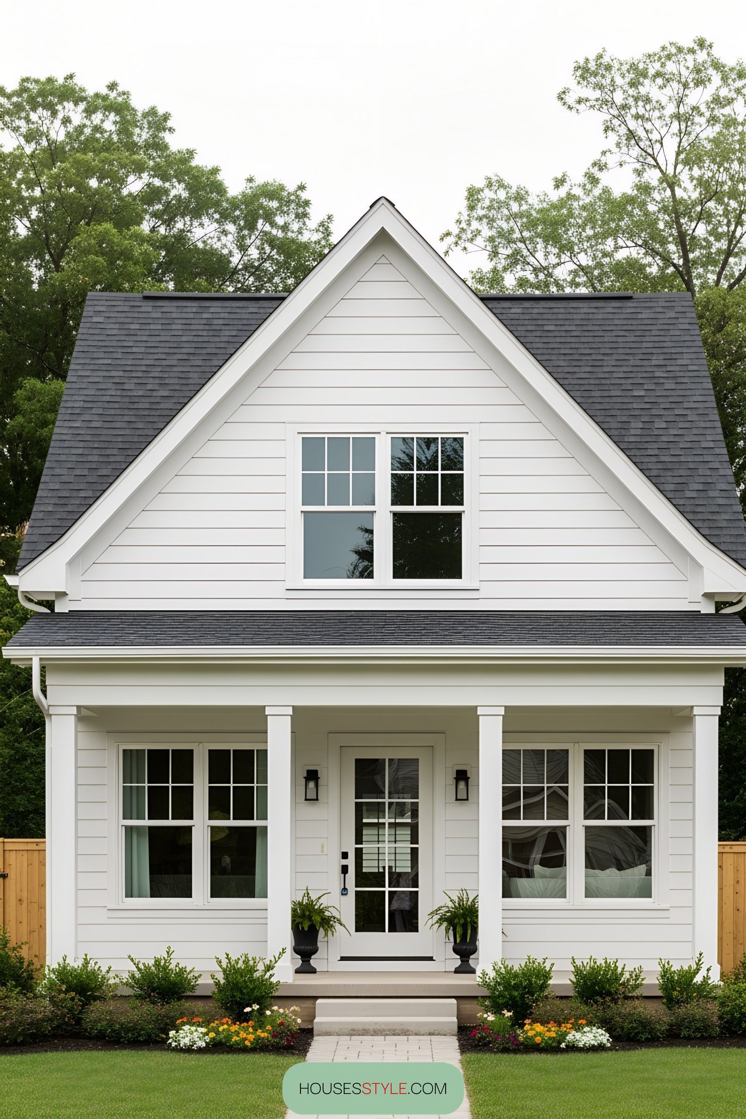 Front view of a charming white bungalow with a pitched roof