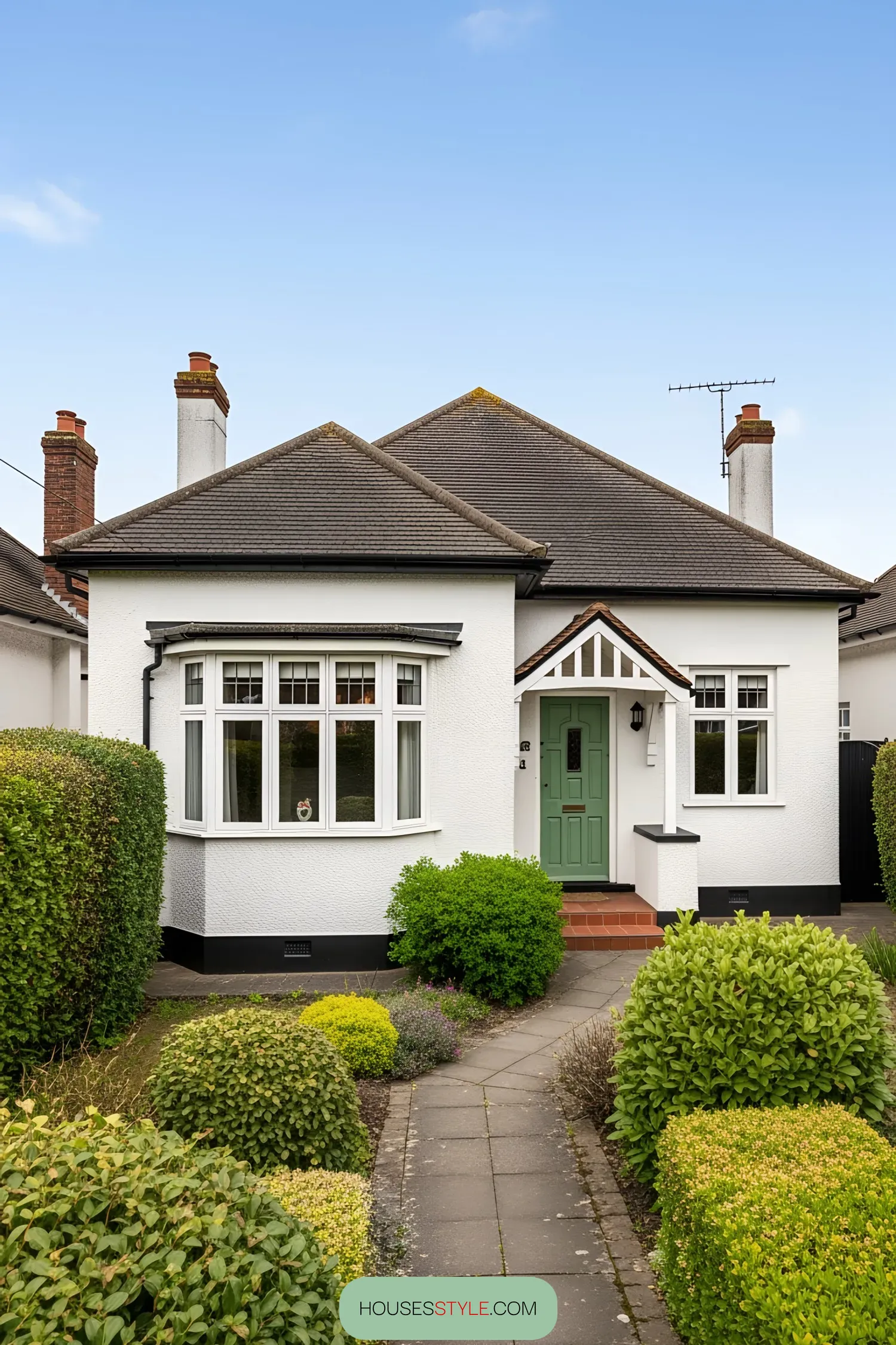 Charming white bungalow with a green door and manicured bushes